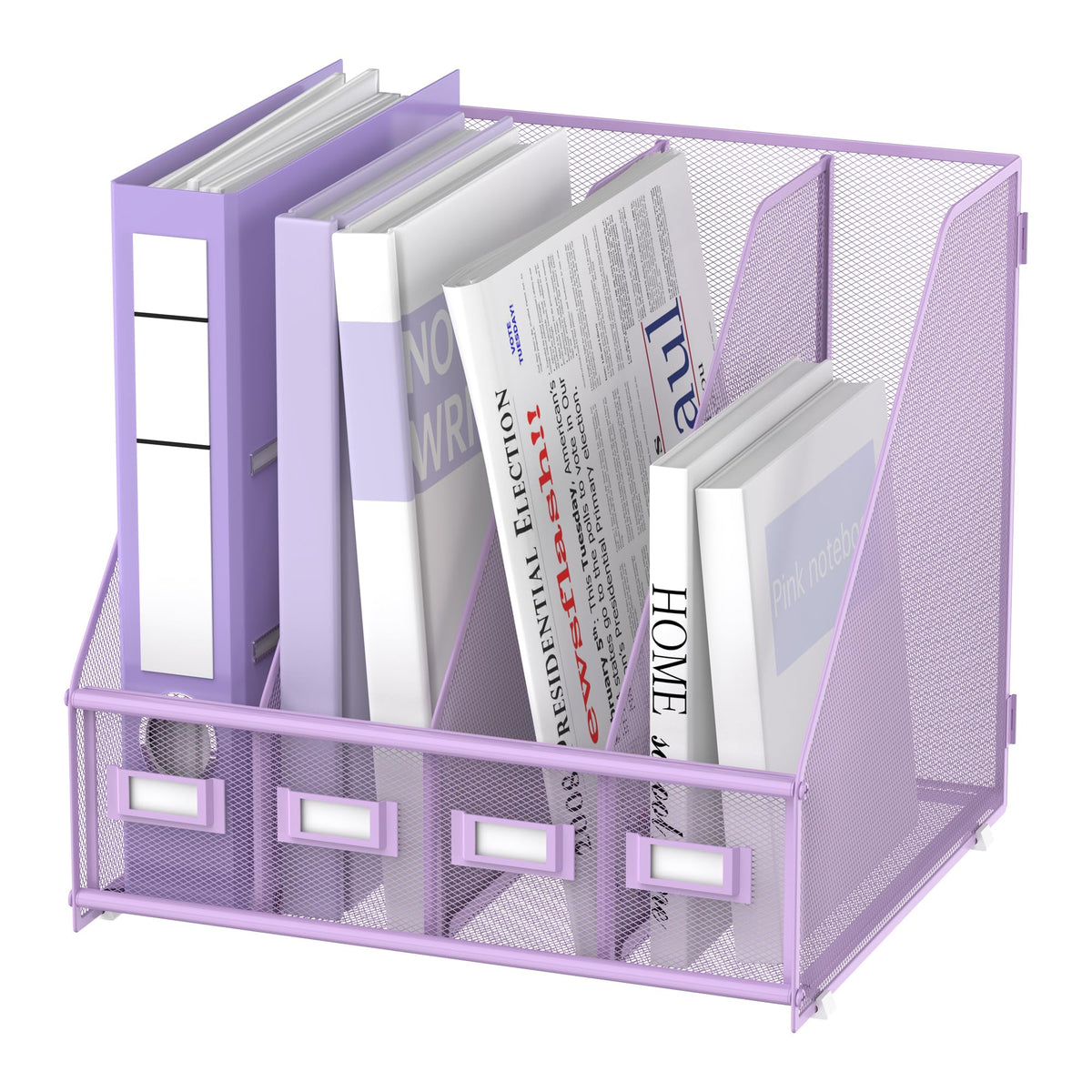 Supeasy Magazine File Holder Desk Organizer, Metal Binder Holder With 4 Vertical Compartments For Office Home School, Purple