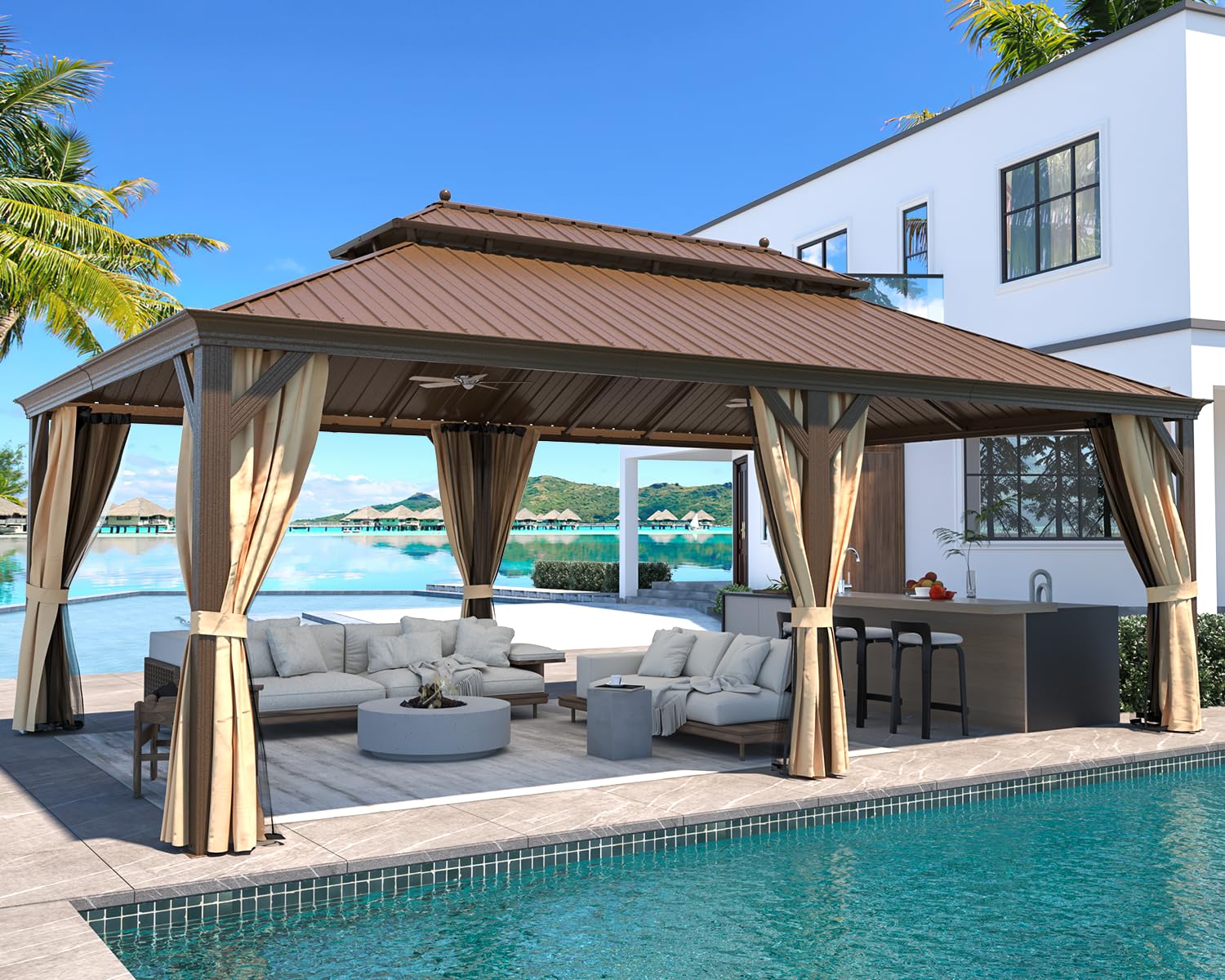 Mellcom 14' X 22' Hardtop Gazebo,Galvanized Steel Metal Double Roof Aluminum Gazebo With Curtain And Netting,Brown Permanent Pav