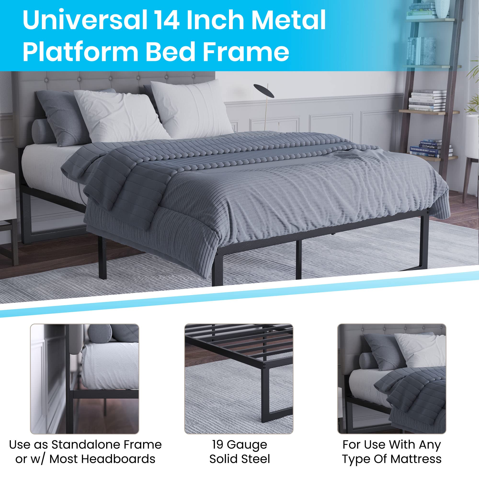 Flash Furniture Bentley 14&quot; Metal Platform Bed Frame - Black Frame/Steel Slat Supports - 12.5&quot; Underbed Storage - No Box Spring Needed - Quick Lock Functionality-Full
