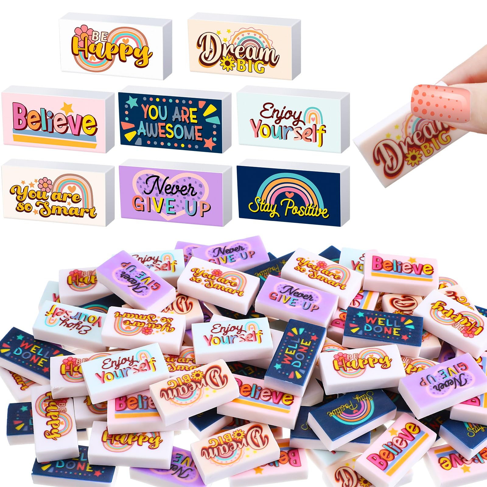 Dunzoom 100 Pcs Inspirational Pencil Erasers Bulk For Kids Fun Motivational Eraser School Supplies Back To School Office Supplie