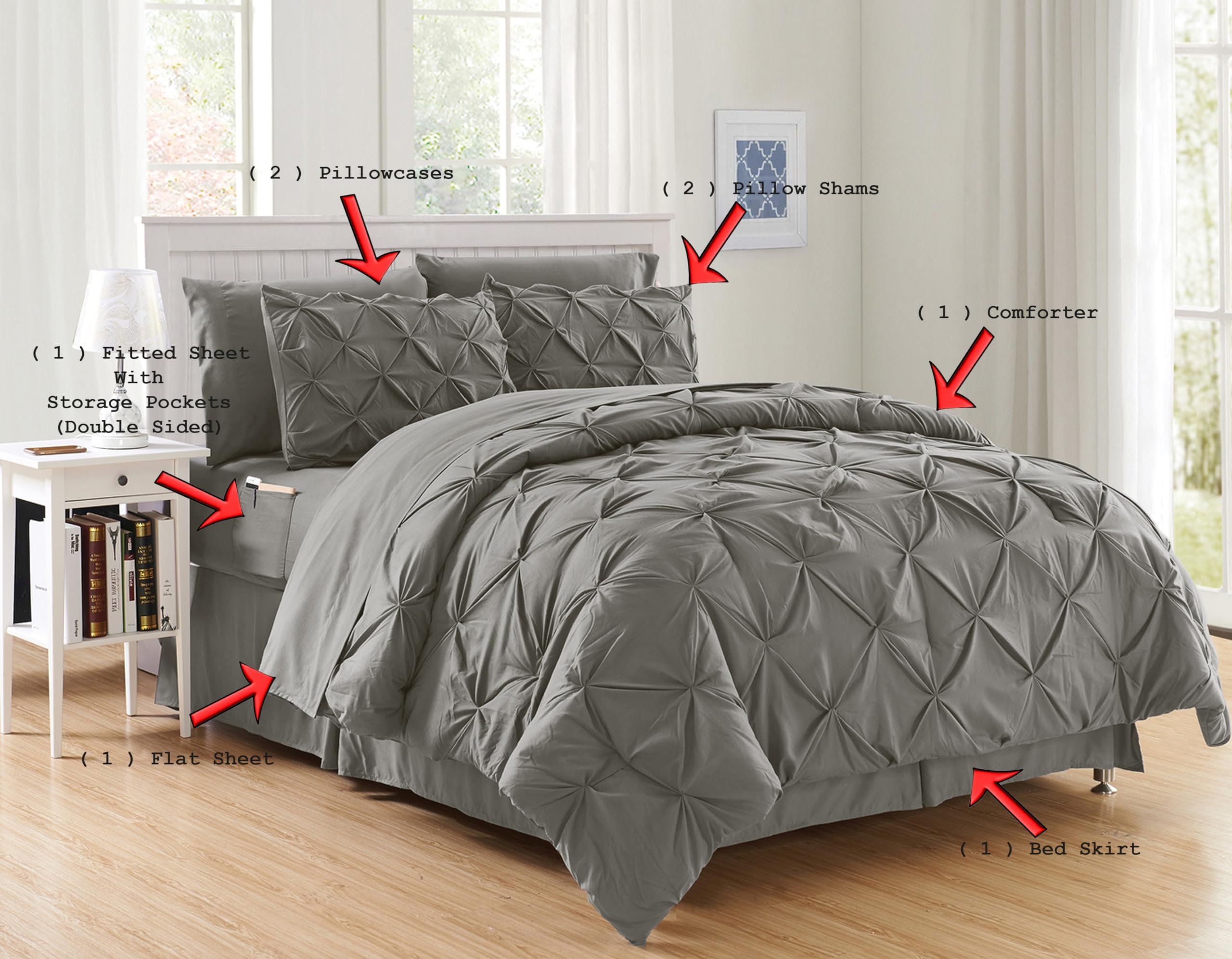 Elegant Comfort Luxury Softest, Coziest 8-Piece Bed-In-A-Bag Comforter Set - Silky Soft Complete Set Includes Bed Sheet Set With Double Sided Storage Pockets, King/California King, Gray