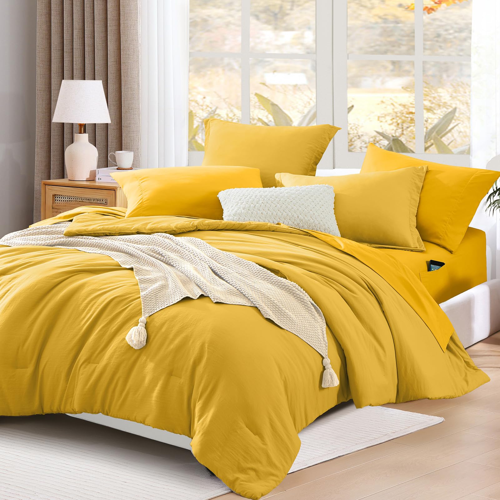 Wrensonge Mustard Yellow Queen Comforter Set, 7 Pieces Soft Microfiber Comforters Queen Size With Fitted Sheet, Flat Sheet, 2 Sh