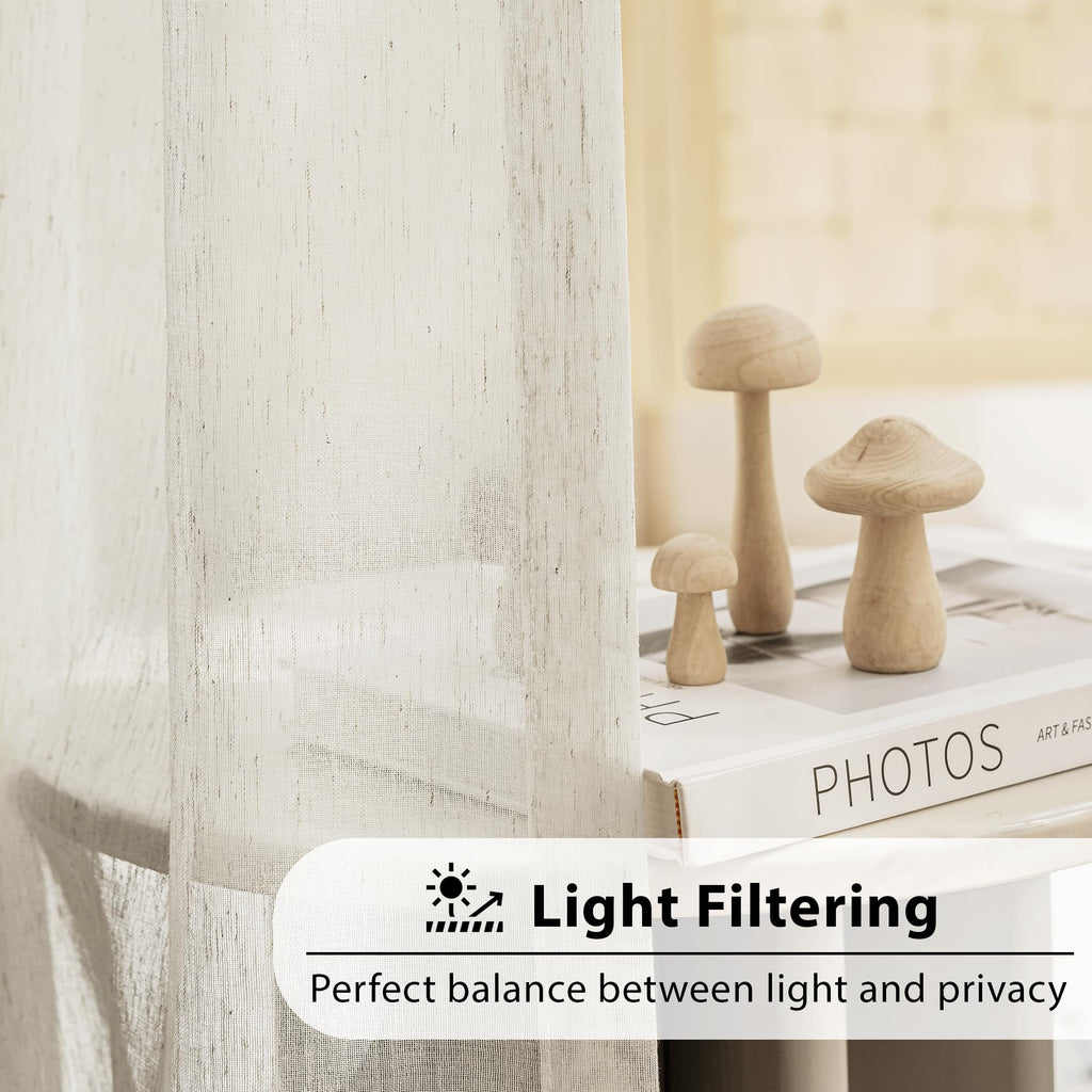 Fmfunctex Linen Sheer Curtains For Bedroom, Beige Curtains 45 Inches Long For Living Room, Natural Flax Blend Window Draperies F
