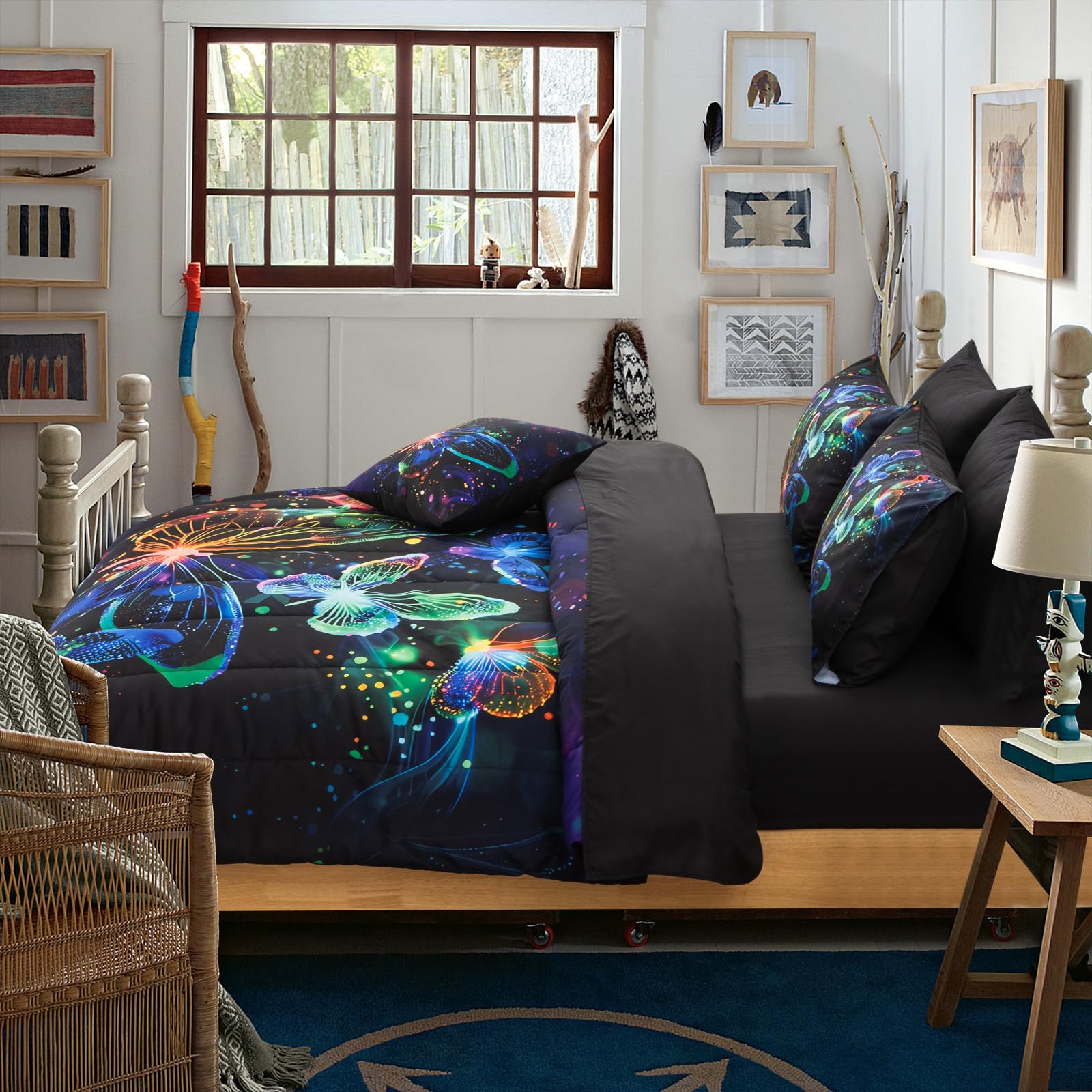 A Nice Night Galaxy Bedding Sets,3D Butterfly Flying In Space Printed,Glitter Butterflies 6Pcs Bed In A Bag Queen Comforter Set,