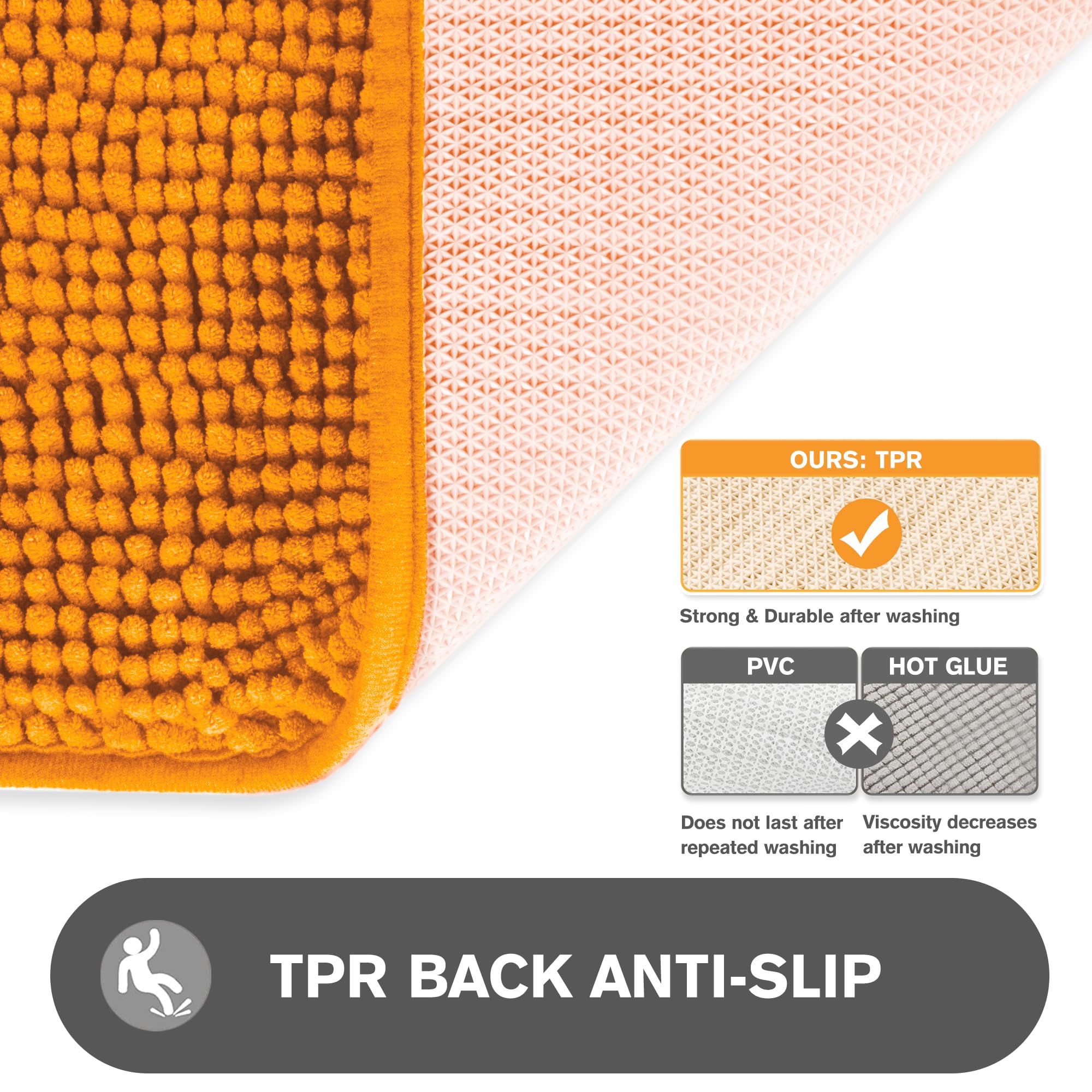 Pureswan Orange 47 X 17 Bathroom Rugs - Absorbent And Washable Bath Mat, Non-Slip, Thick Soft Chenille Bath Rugs For Bathroom Fl