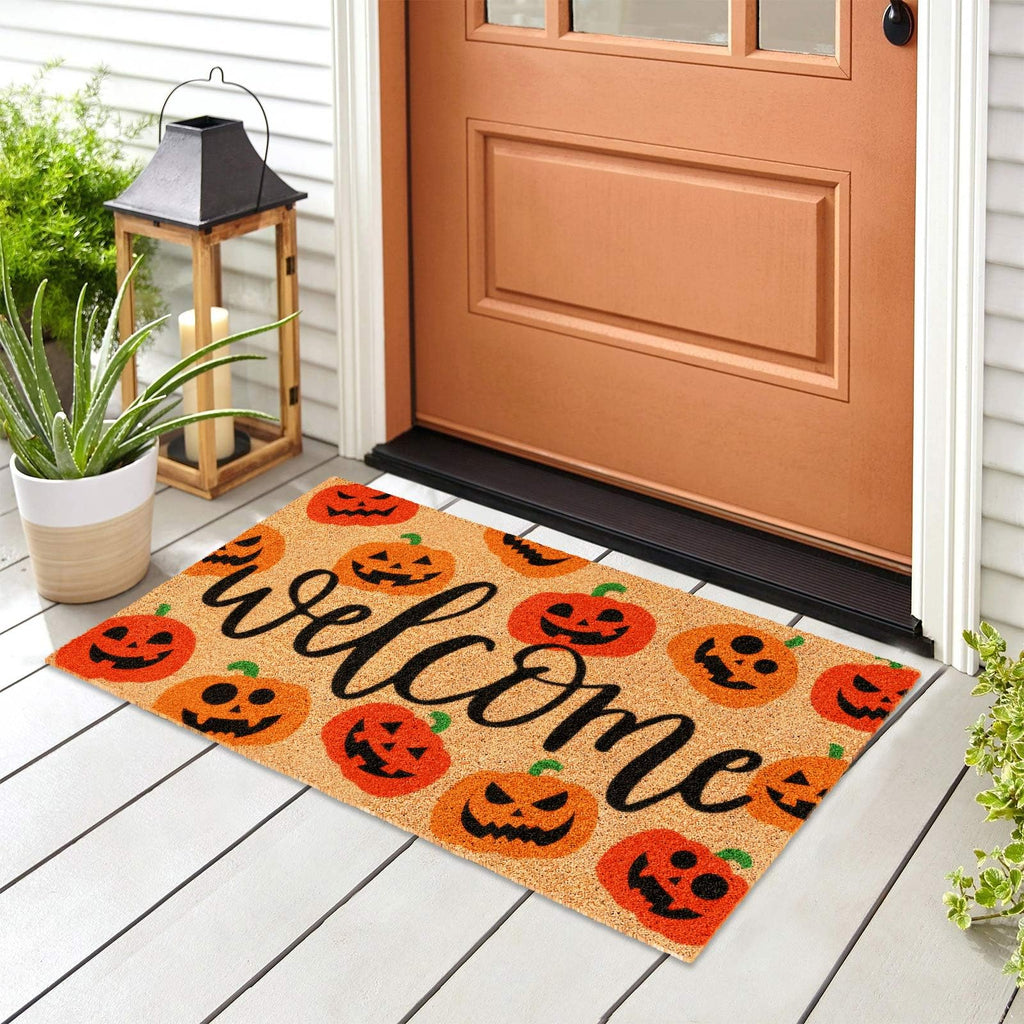 Jarthenaamcs Halloween Natural Coir Doormat Red Orange Evil Pumpkin Welcome Floor Mat Non-Slip Entrance Door Rugs For Indoor Out