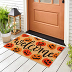 Jarthenaamcs Halloween Natural Coir Doormat Red Orange Evil Pumpkin Welcome Floor Mat Non-Slip Entrance Door Rugs For Indoor Out