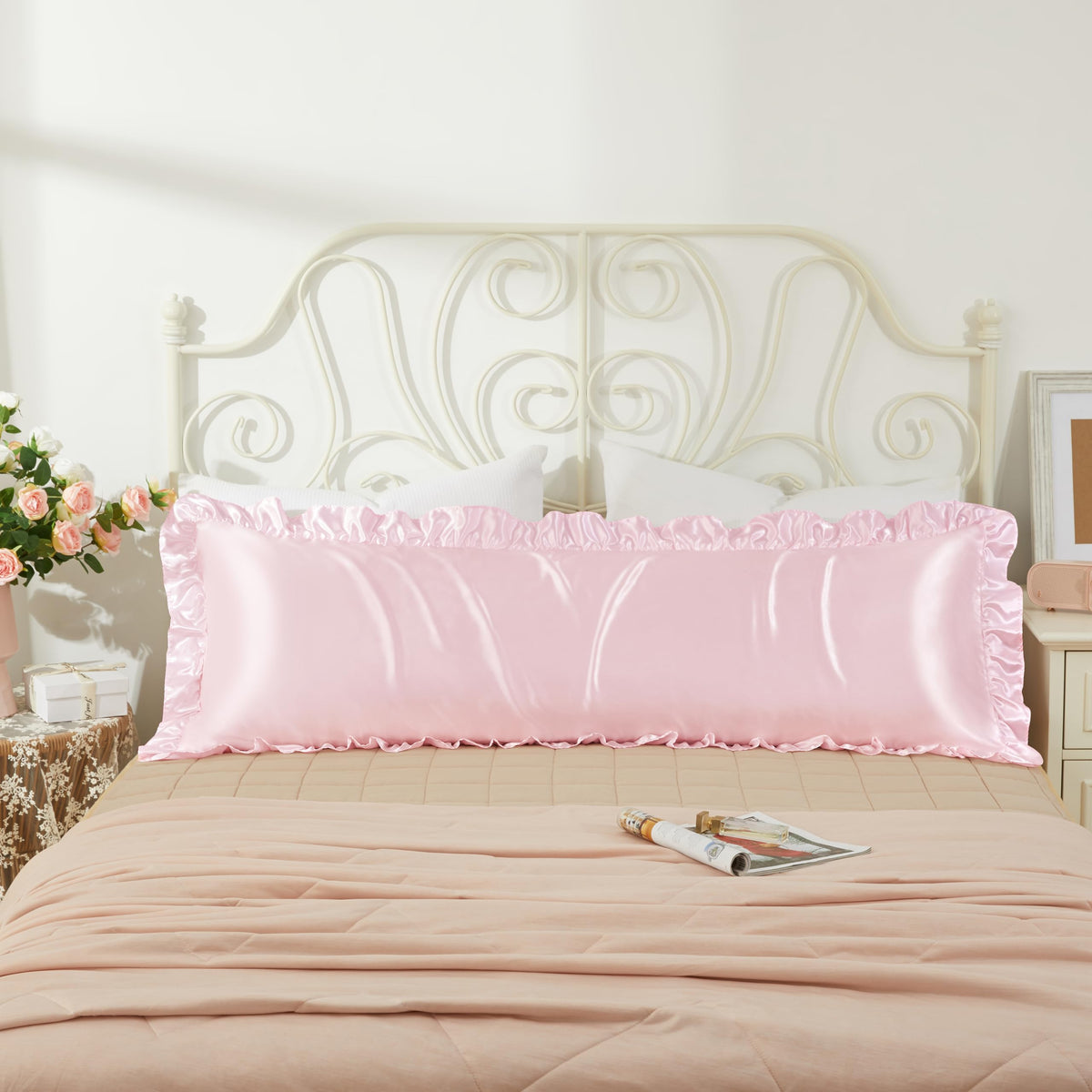 Hommxjf Silky Satin Ruffled Blush Pink Body Pillow Cases For Hair And Skin,Blush Pink Satin Body Pillowcases With Envelope Closu