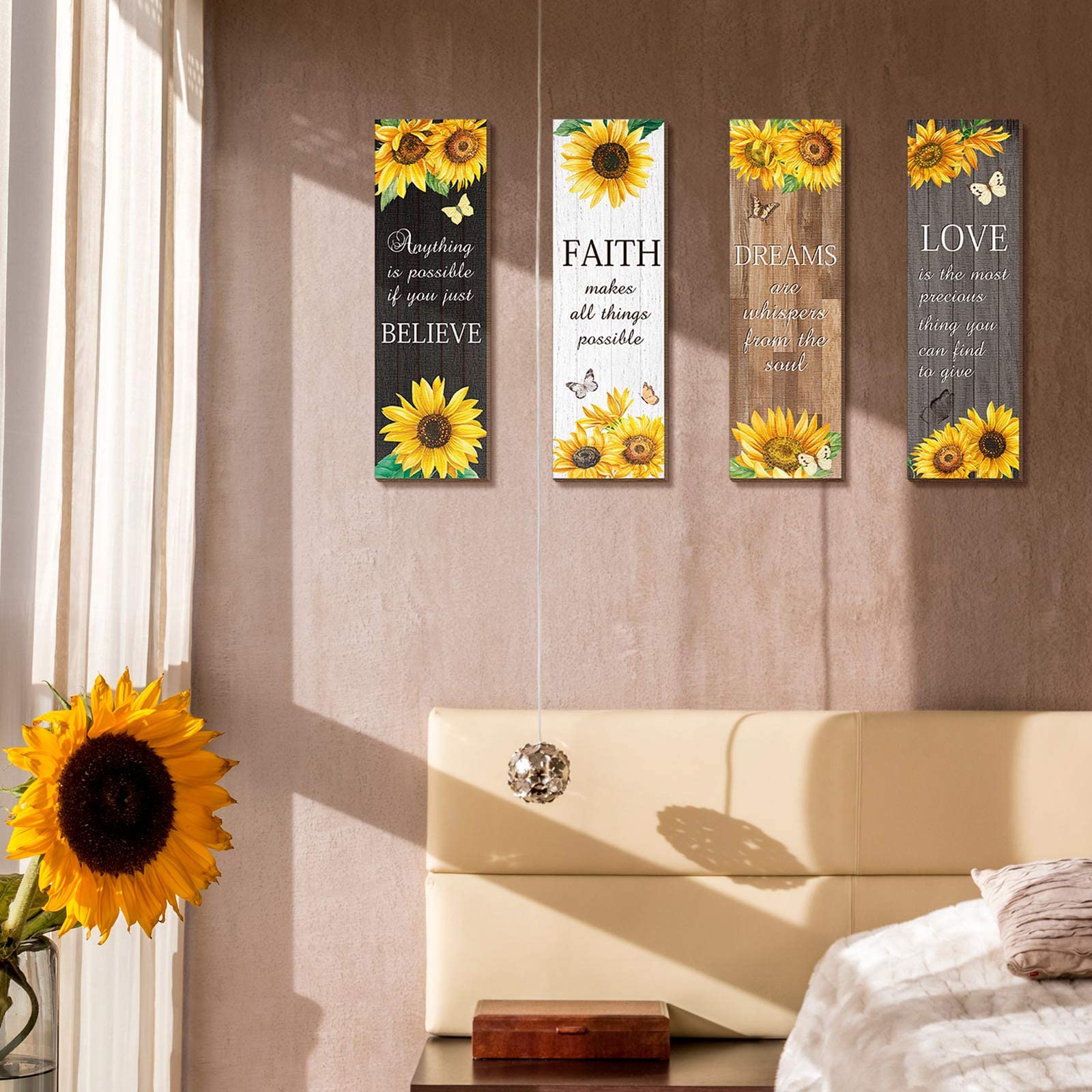 4 Pcs Sunflower Wall Decor Inspirational Sunflower Kitchen Decors Butterfly Gifts For Woman Rustic Farmhouse Love Faith Believe