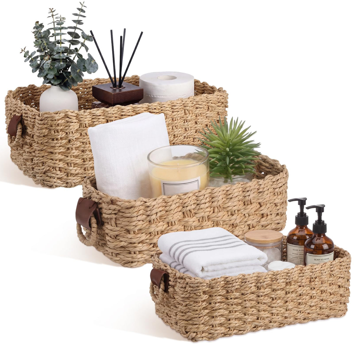 Domensi Natural Set of 3 Paper Rope Storage Baskets, Large Medium Small Woven Nesting Storage Container with Handles for Closet,