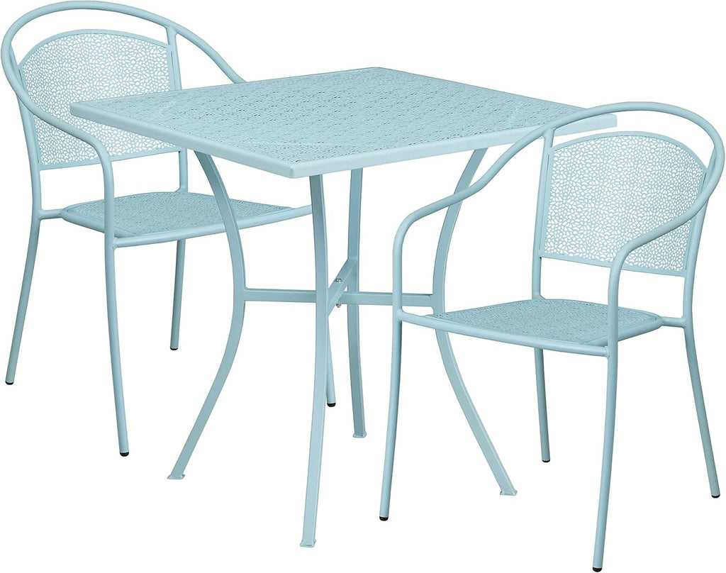 Commercial Grade 35.25 Round Sky Blue Indoor-Outdoor Steel Patio Table Set with 2 Square Back Chairs