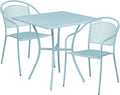 Commercial Grade 35.25 Round Sky Blue Indoor-Outdoor Steel Patio Table Set with 2 Square Back Chairs
