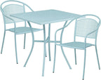 Commercial Grade 35.25 Round Sky Blue Indoor-Outdoor Steel Patio Table Set with 2 Square Back Chairs