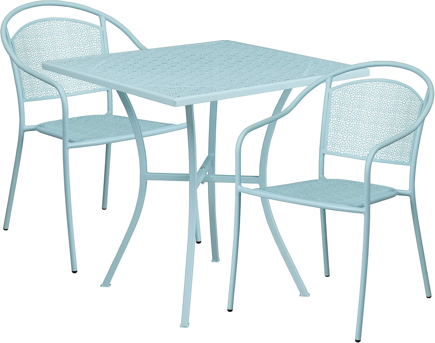 Commercial Grade 35.25 Round Sky Blue Indoor-Outdoor Steel Patio Table Set with 2 Square Back Chairs