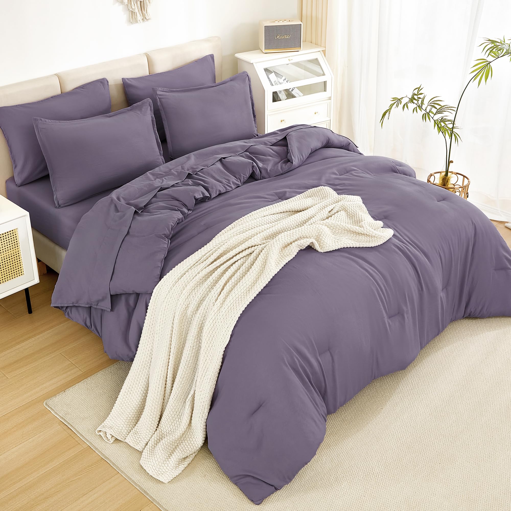 Litanika King Size Comforter Set Grey Purple - 7 Pieces Bed In A Bag King Beddding Comforter Sets, Solid Lightweight Bed Set Wit