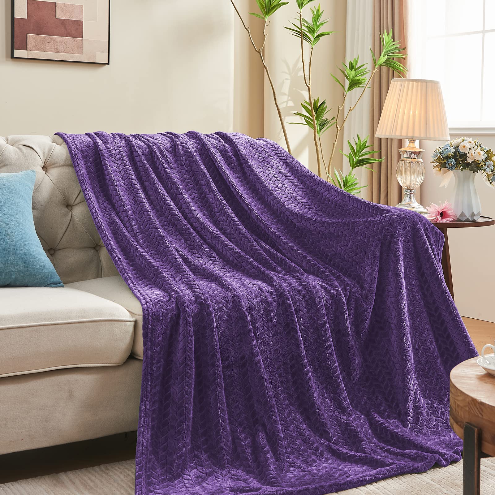Inhand Purple Fleece Twin Blanket, Super Soft Flannel Leaves Pattern Fuzzy Blanket For Couch Sofa Bed, 60 X 90 Inches