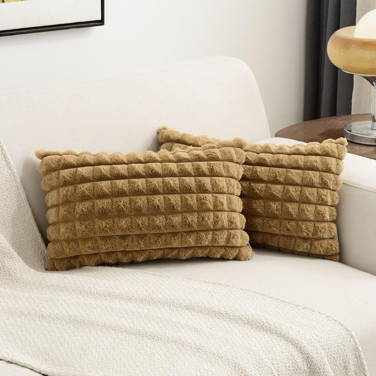 Futei Camel Decorative Throw Pillow Covers 12X20 Inch Set Of 2, Rectangle Lumbar Pillowcase,Fluffy Faux Rabbit Fur Plaid & Soft