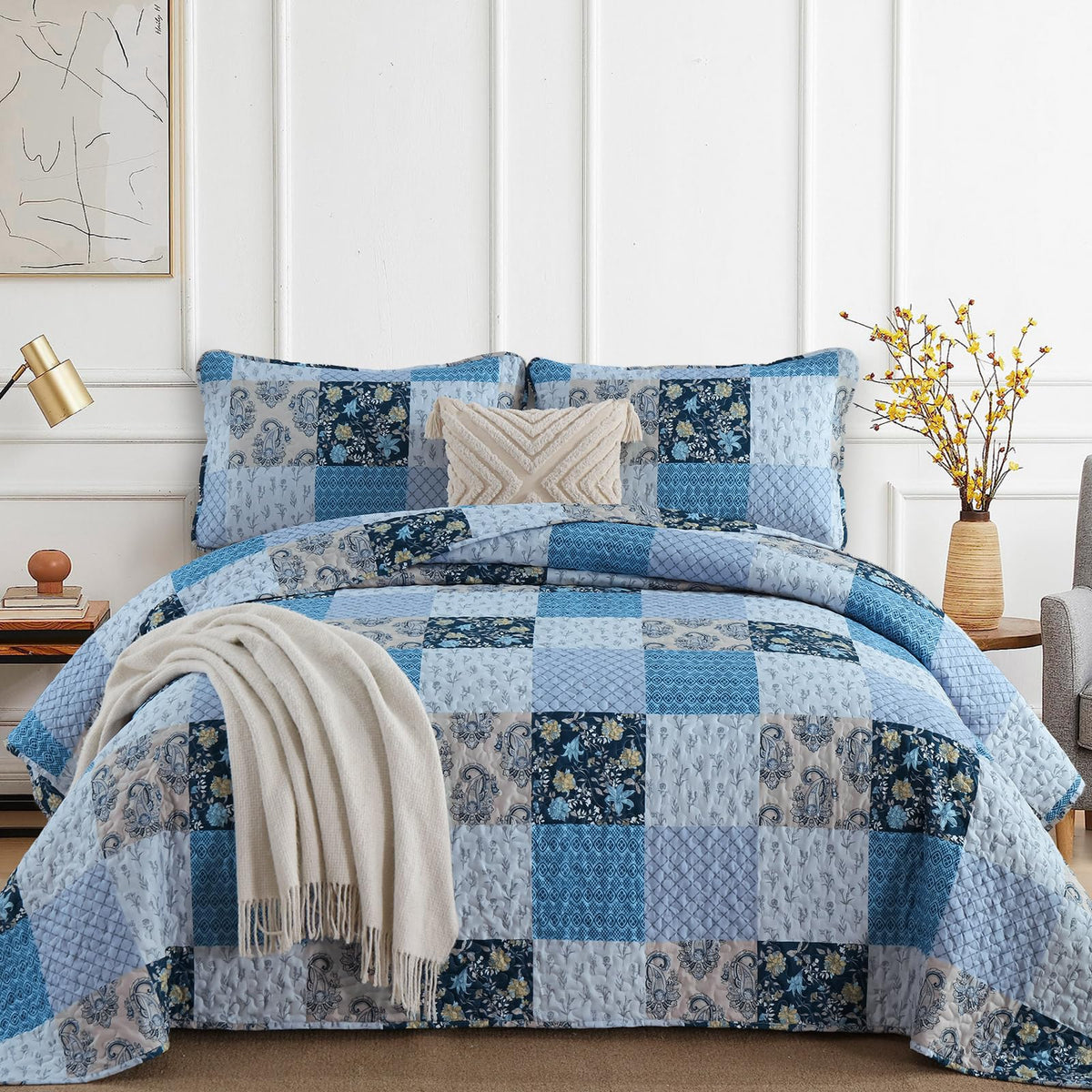 Xruibed Blue Quilt Set Queen Size 3 Pieces Plaid Floral Boho Bedspread Coverlet Set Patchwork Pattern Reversible Bedding Set Sof