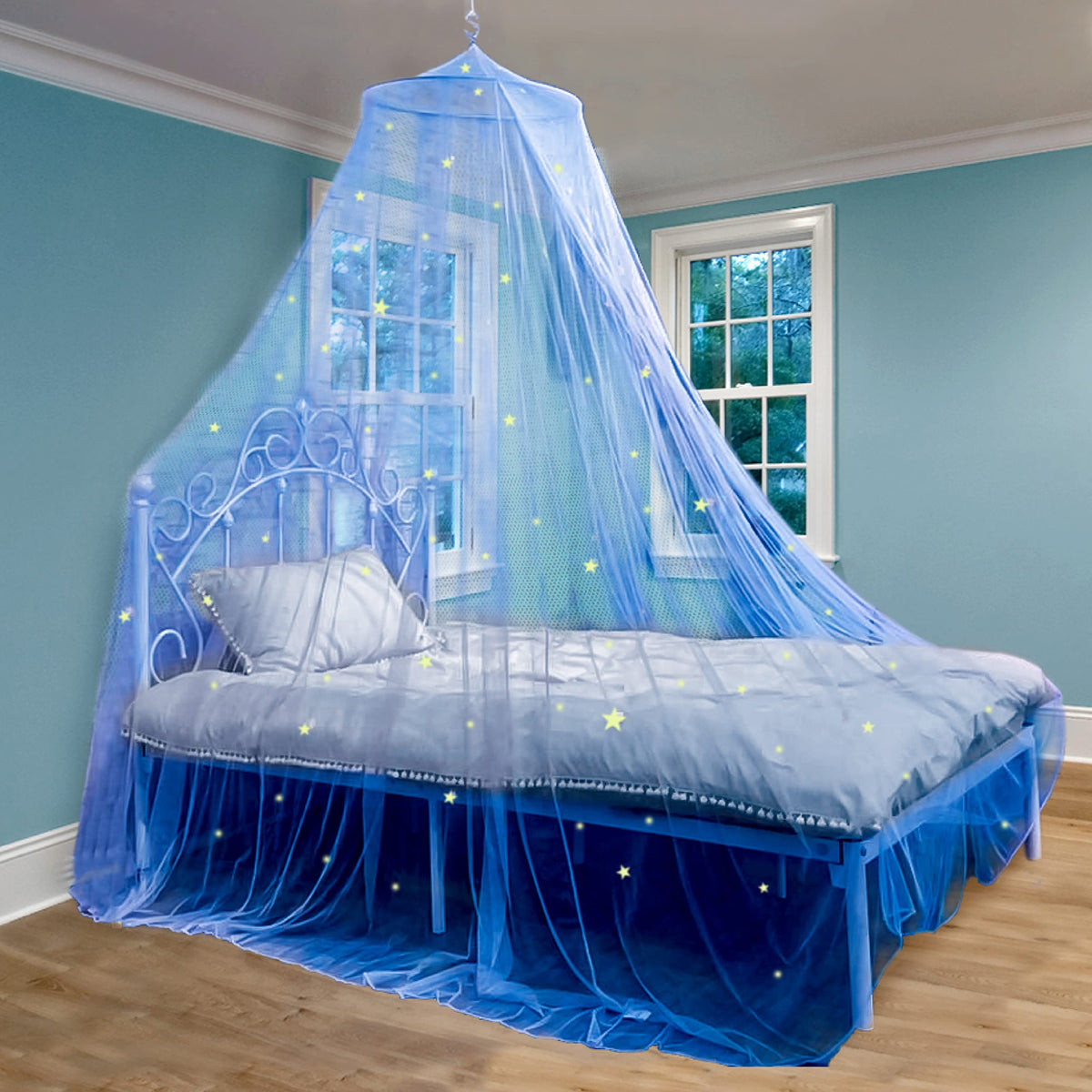 Blue Canopy Bed Curtains, Blue Bed Canopy With Glow In The Dark Stars For Girls, Boys, Kids And Babies, Net Use To Cover The Bab