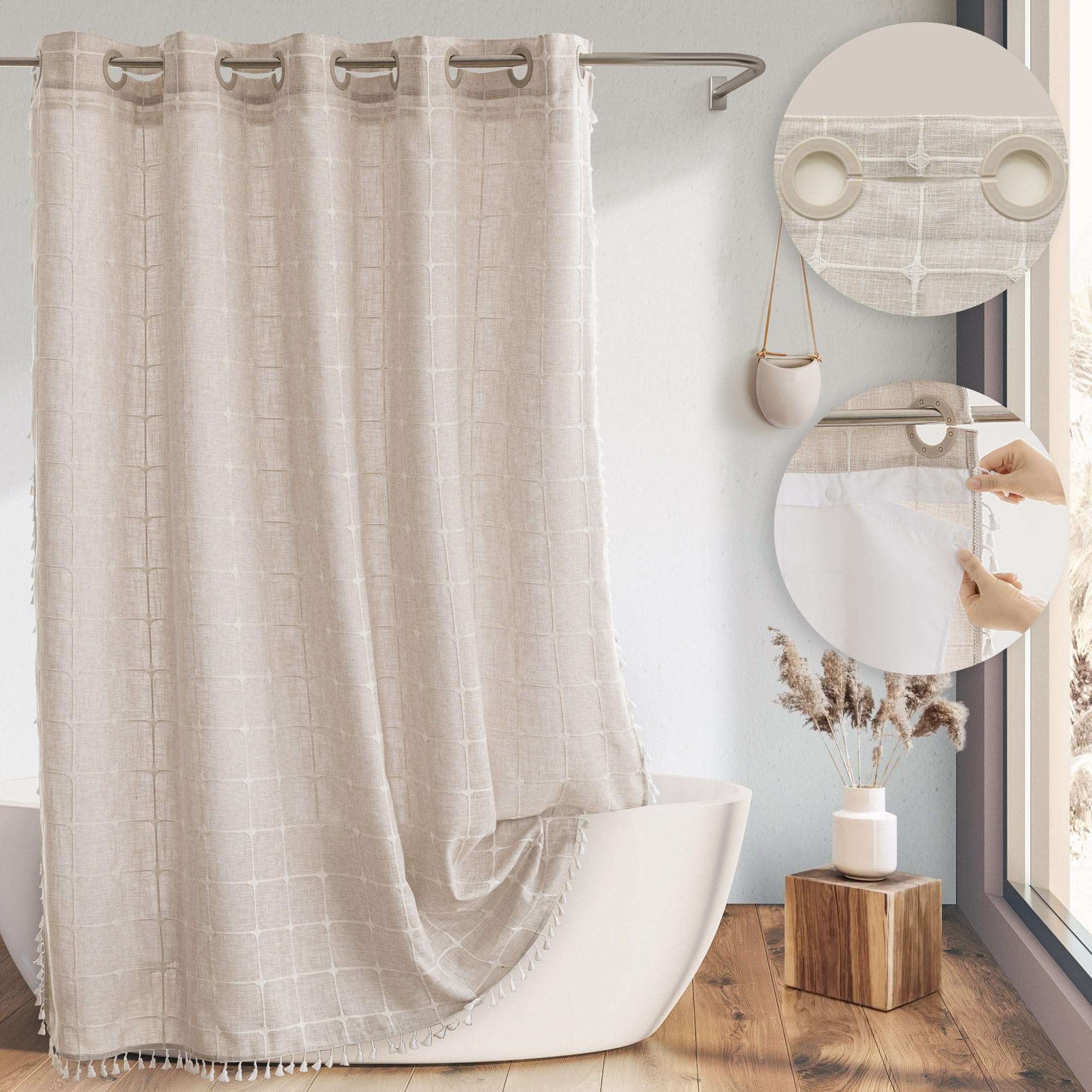 Farmhouse Shower Curtain with Snap-in Liner, No Hooks Needed,Boho Fabric Shower Curtains with Tassels for Rustic Neutral Bathroo