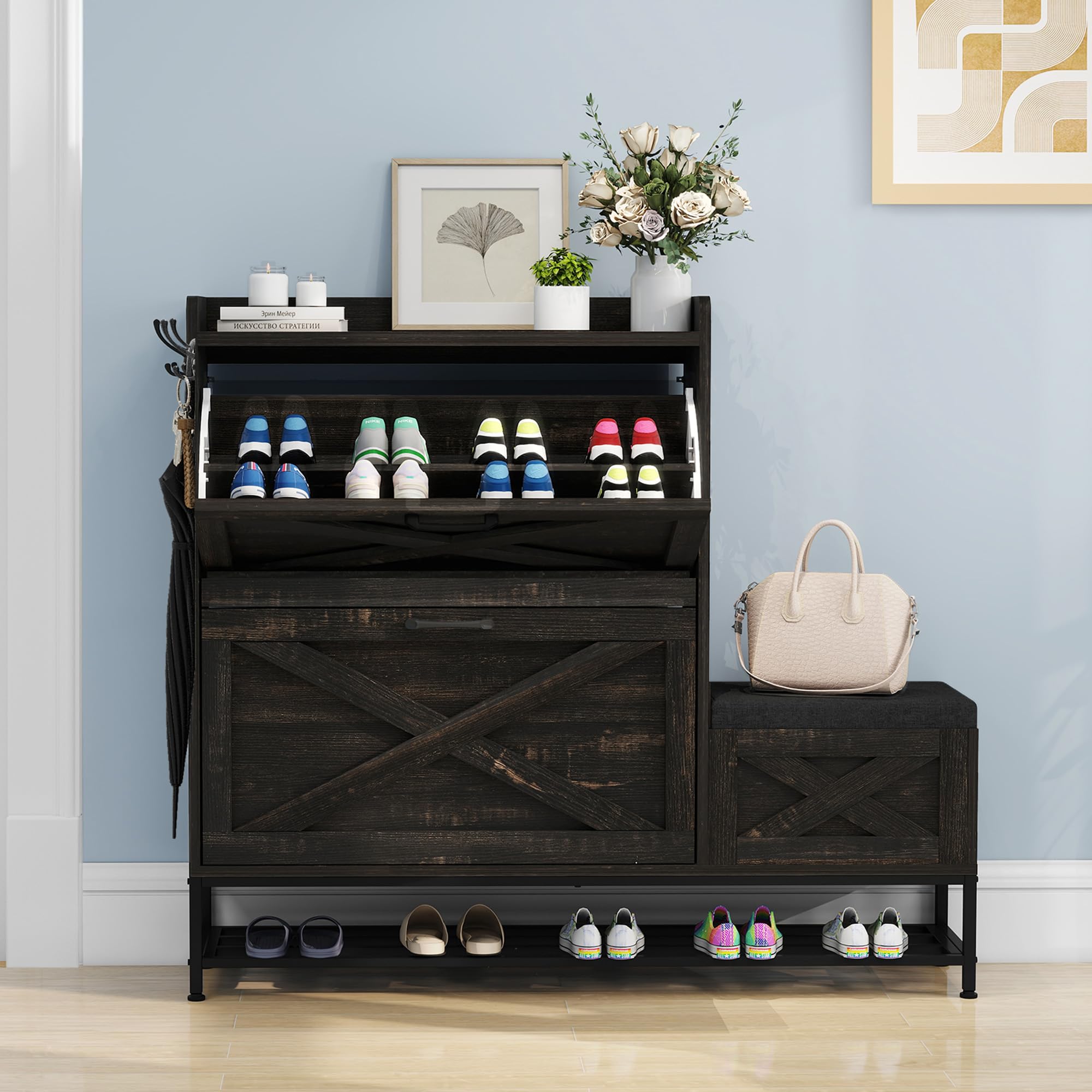 Dwvo Farmhouse Shoe Storage Cabinet With 2 Flip Drawers For 16 Pairs, Entryway Shoe Storage With Shoe Bench, Narrow Slim Shoe Cabinet For Entryway, Living Room, Hallway (Dark Rustic Oak)