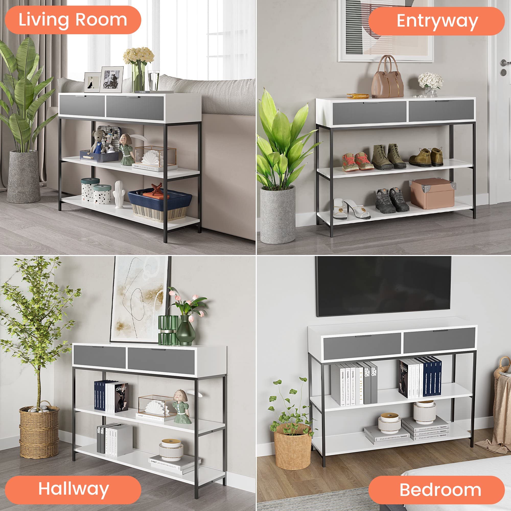 Lilola Home Louie White and Gray Wood Console Table Steel Frame with Shelves and Drawers