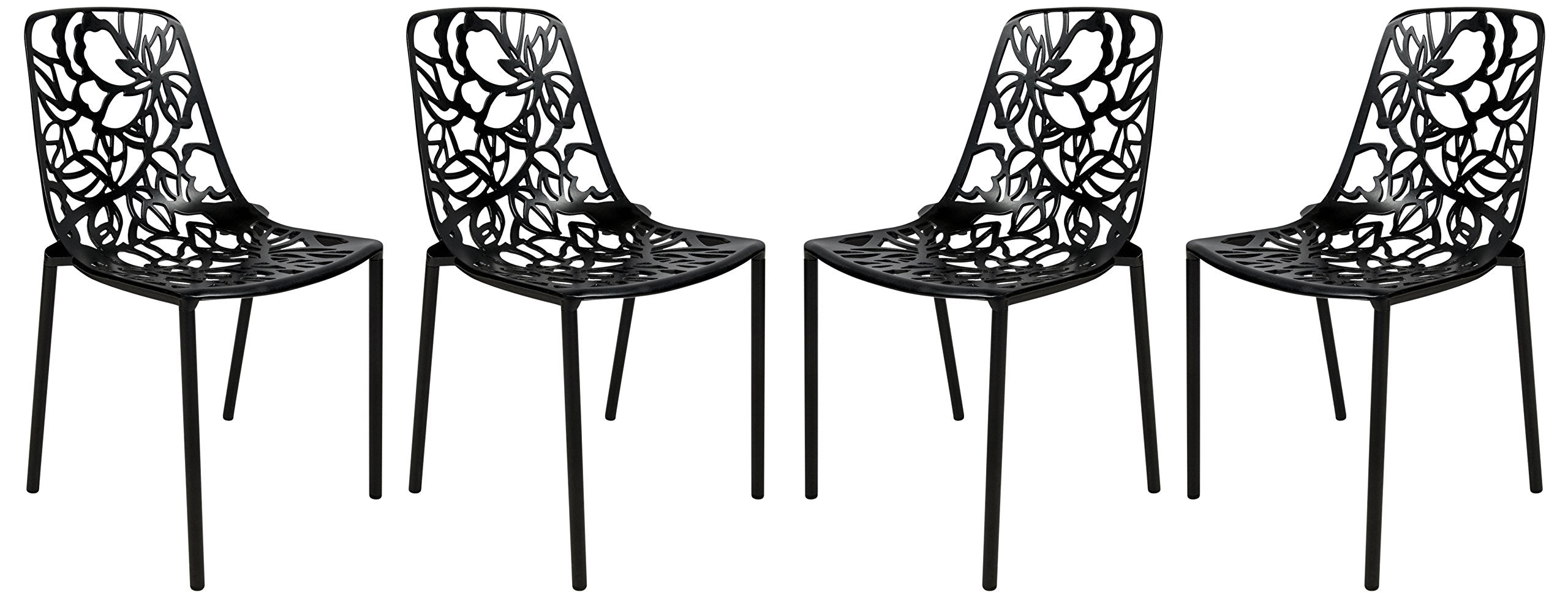 LeisureMod Aluminum Stackable Dining Chair Set of 4 with Floral Cutout Design, Black Patio Side Chair for Indoor and Outdoor Use