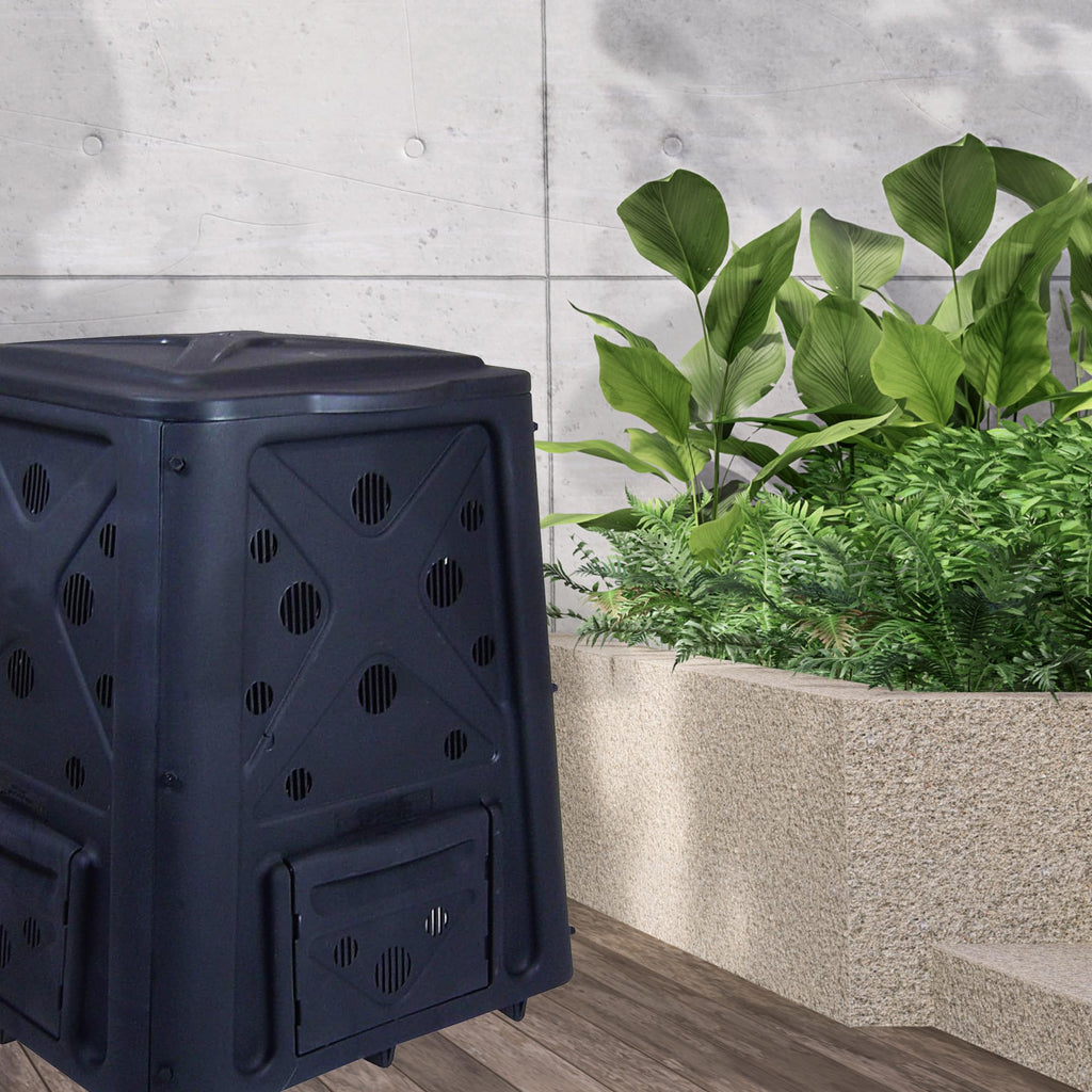 Redmon 65 Gallon Outdoor Compost Bin With Snapping Lift Off Lid, 4 Door Access, And Multiple Vent Holes For Garden And Landscaping, Black