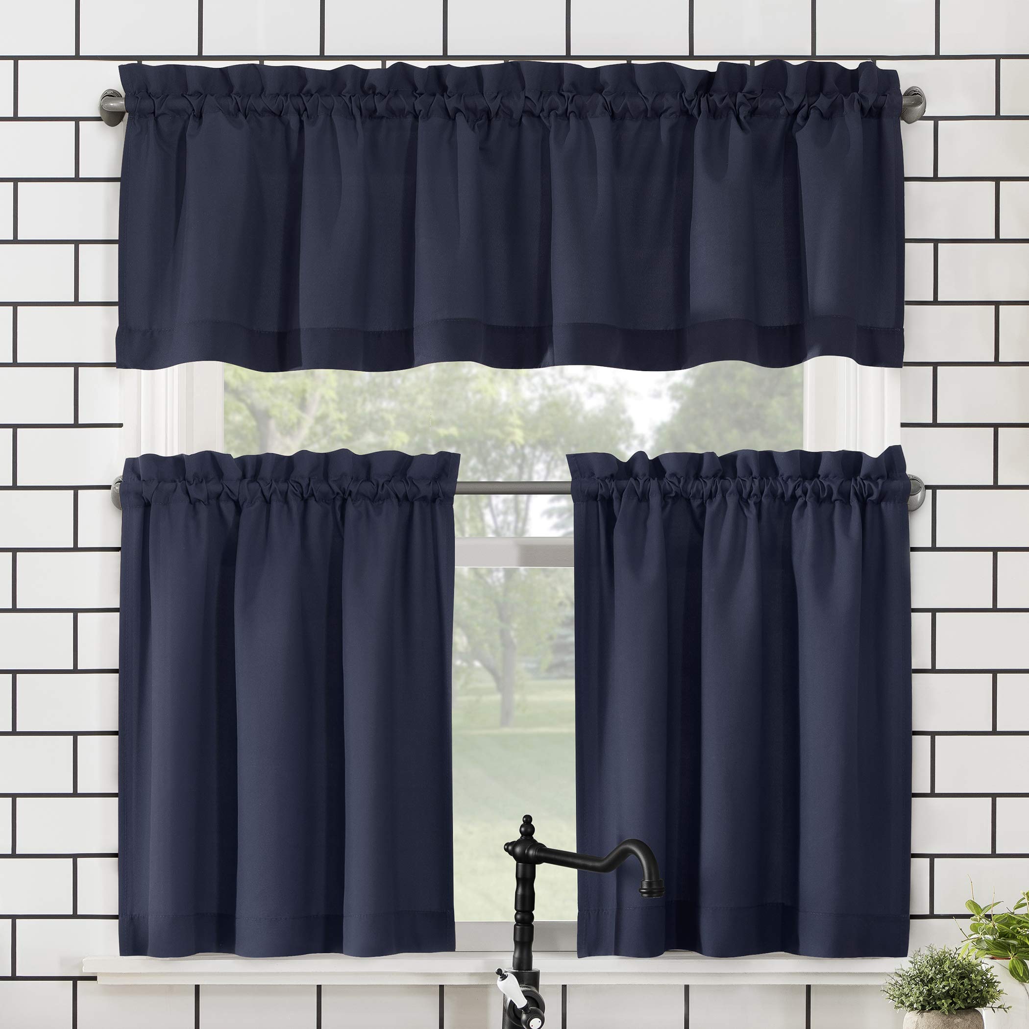 No. 918 Martine Microfiber Semi-Sheer Rod Pocket Kitchen Curtain Valance and Tiers Set, 54 x 45, Navy Blue