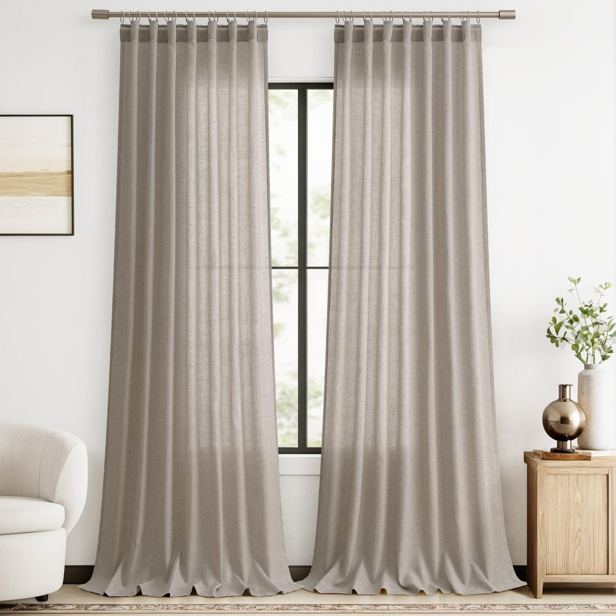 Joywell Clay Hook Belt Linen Semi Sheer Curtains 96 Inches Length Long Rod Pocket Back Tab Hook Belt Clip Rings Window Curtains Drapes For Bedroom Living Room 2 Panels 52X96