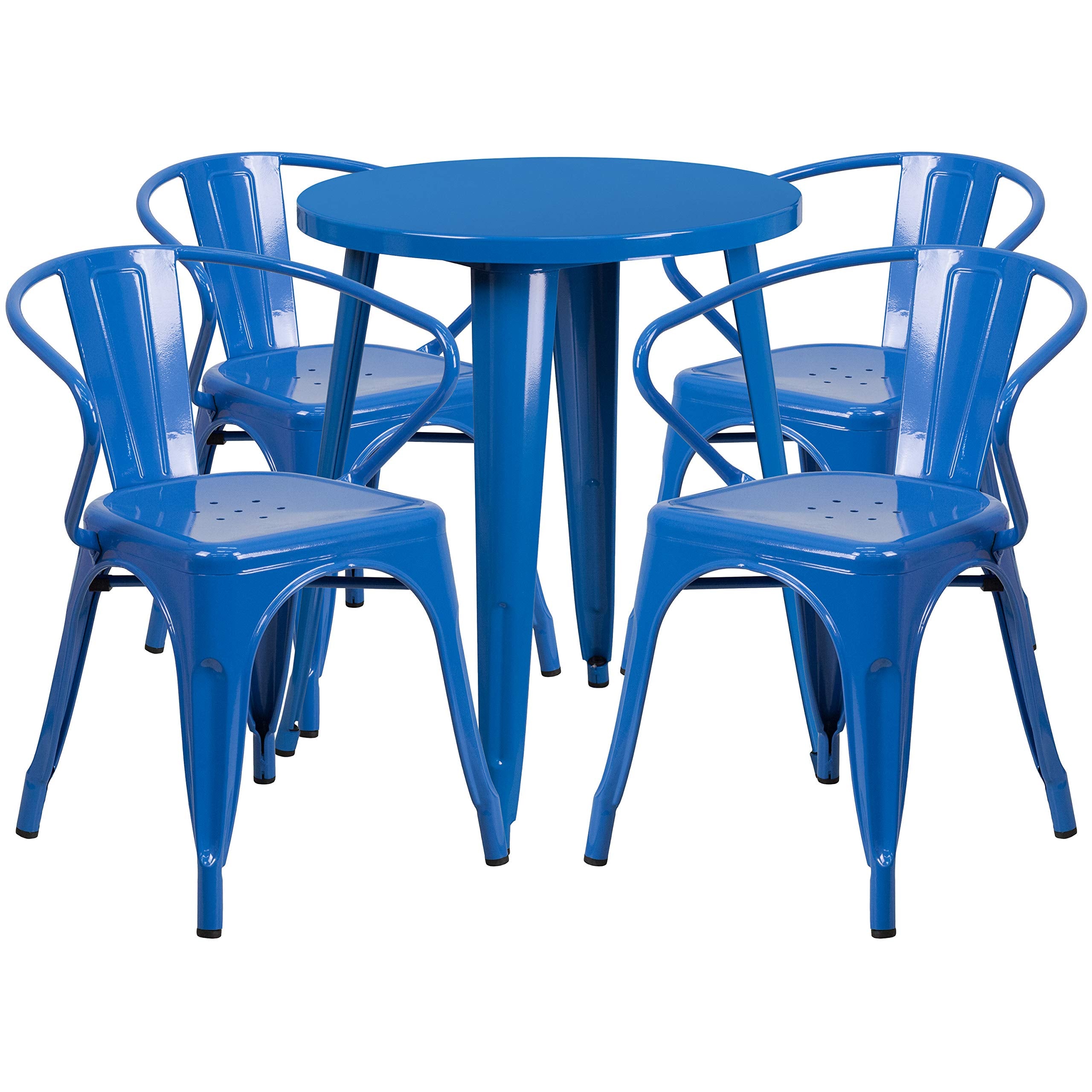 Flash Furniture Commercial Grade 24&quot; Round Blue Metal Indoor-Outdoor Table Set with 4 Arm Chairs
