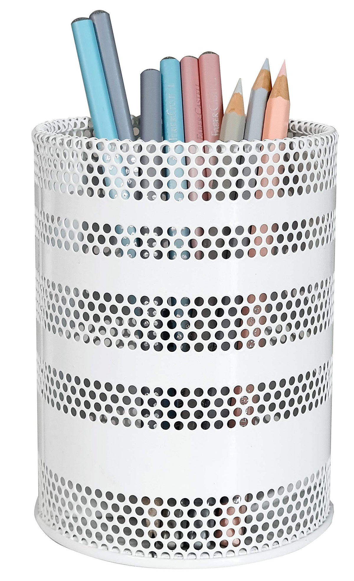 Produco Metal Mesh Pen Pencil Cup Holder Stand Office Desk Organizer Stationery Caddy Makeup Brush Holder, White (Large)