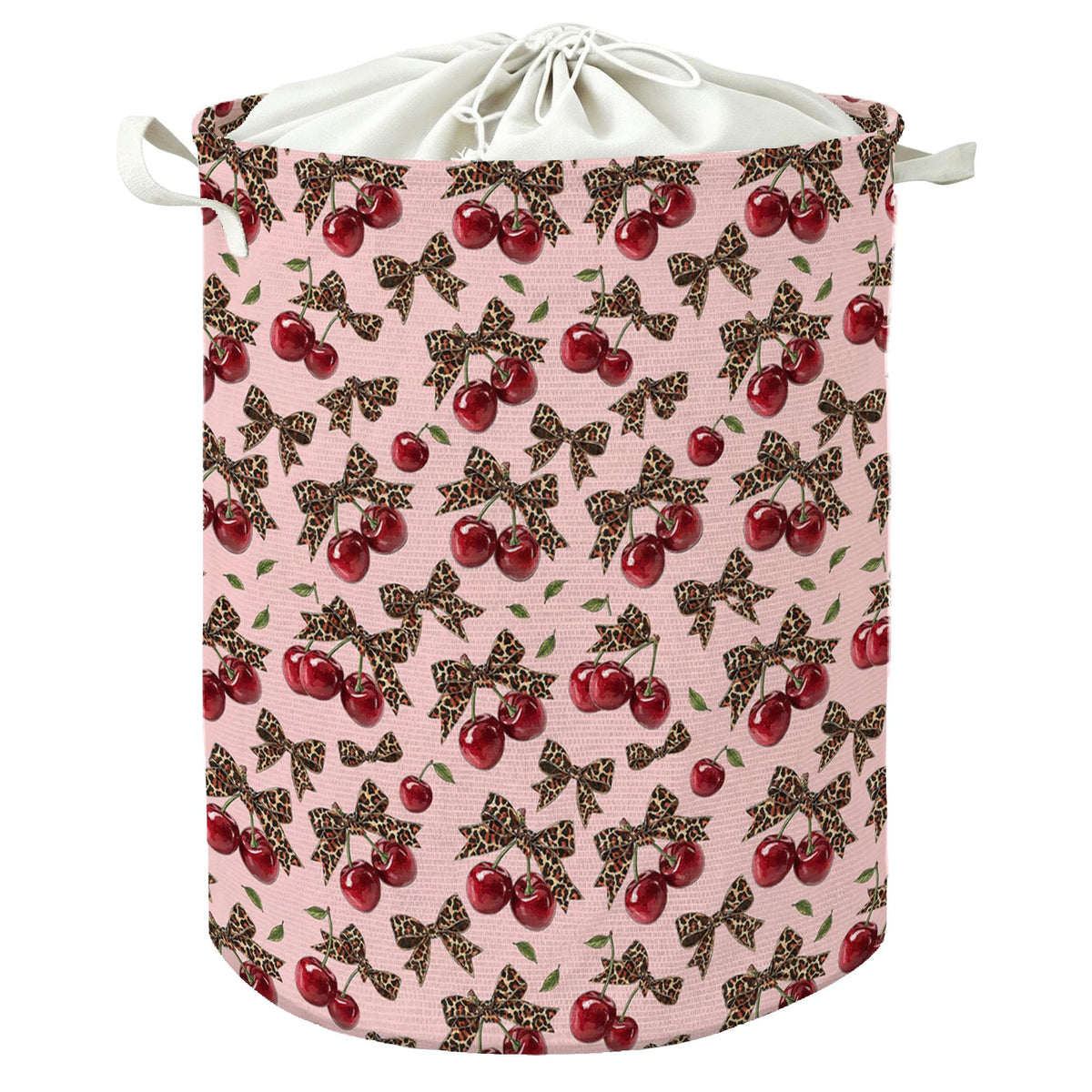 GWOKPAAI Leopard Bow Cherry Laundry Basket, Pink Preppy Girls Laundry Basket Hamper, Girly Aesthetic Cheetah Cherry Waterproof C