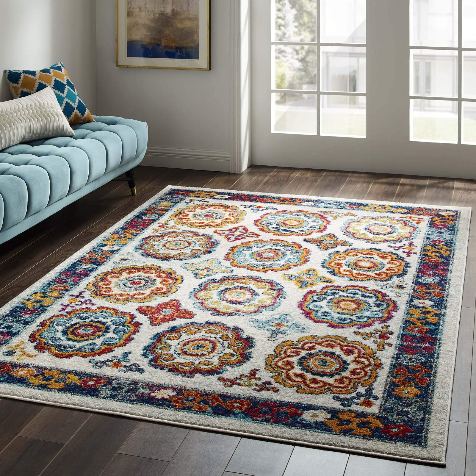 Modway Entourage Odile Transitional Distressed Vintage Floral Moroccan Trellis 5X8 Area Rug, Ivory, Blue, Red, Orange, Yellow