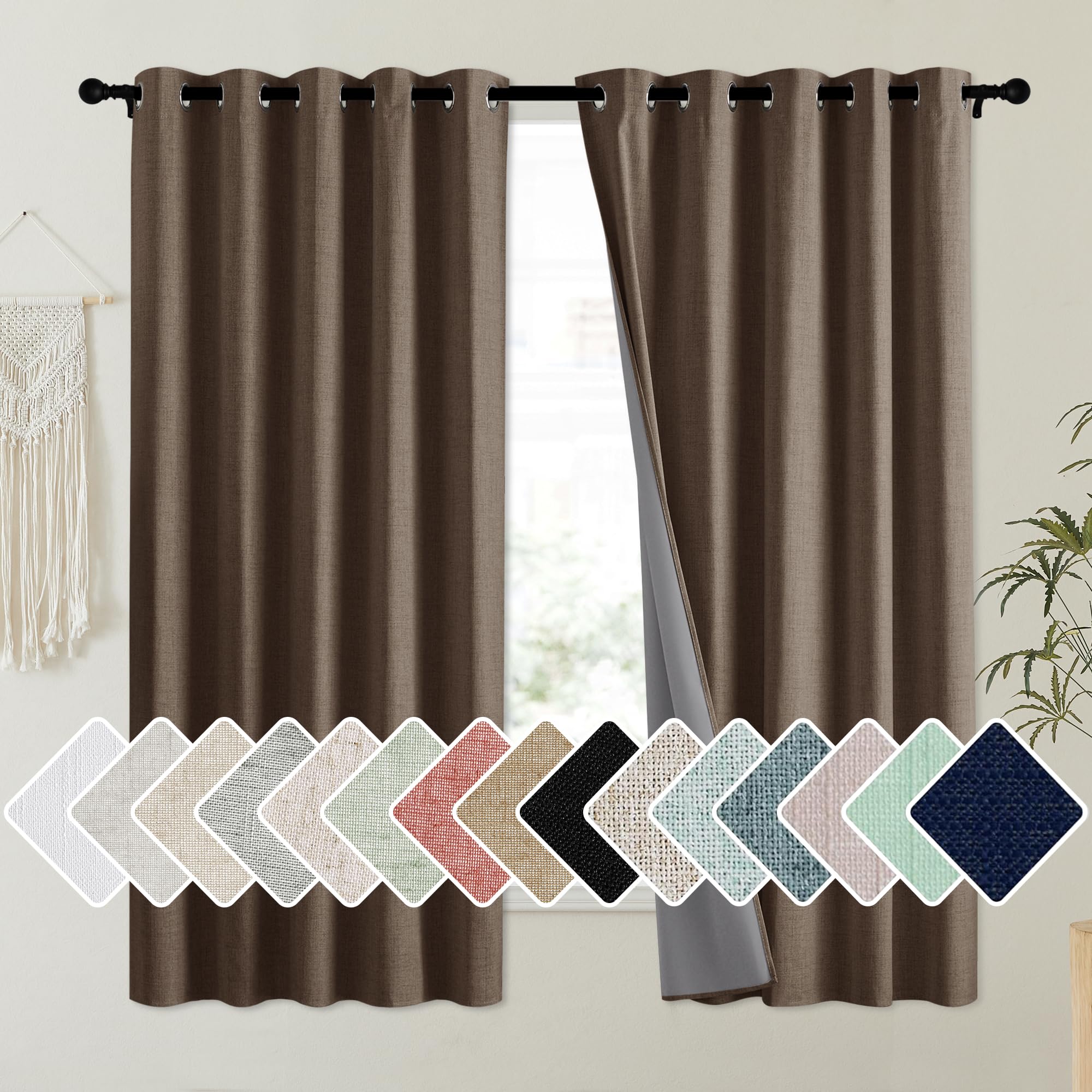 NICETOWN Coffee Vintage Linen 100% Blackout Curtains for Kitchen, Thermal Insulated Curtains 63 Long, Noise Reducing Window Trea