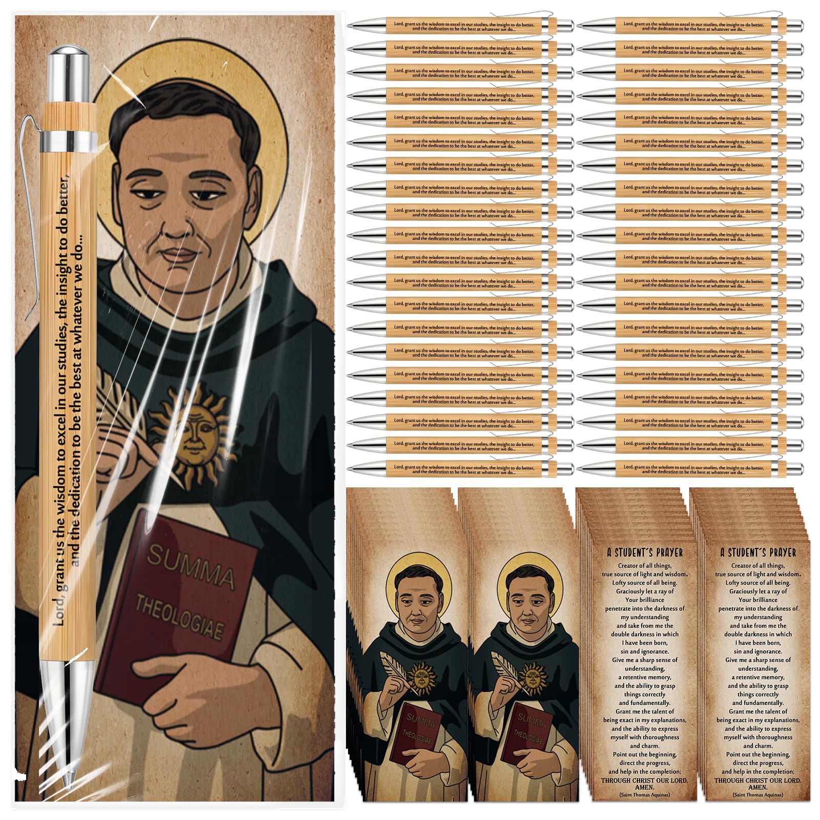 Weekgrat 50 Sets St Thomas Aquinas Prayer Back To School Gifts Bamboo Pens And Prayer Card Saint Of Students And Teachers Gifts