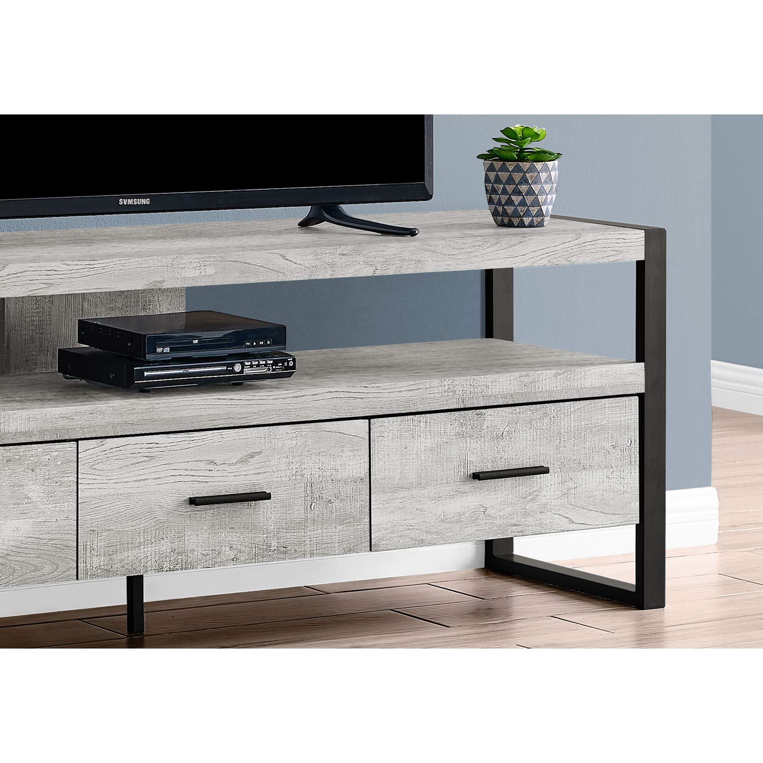 Monarch Specialties TV Stand-Console with 3 Drawers and Shelves-Industrial Modern Style Entertainment Center with Metal Legs, 60' L, Grey Reclaimed Wood Look