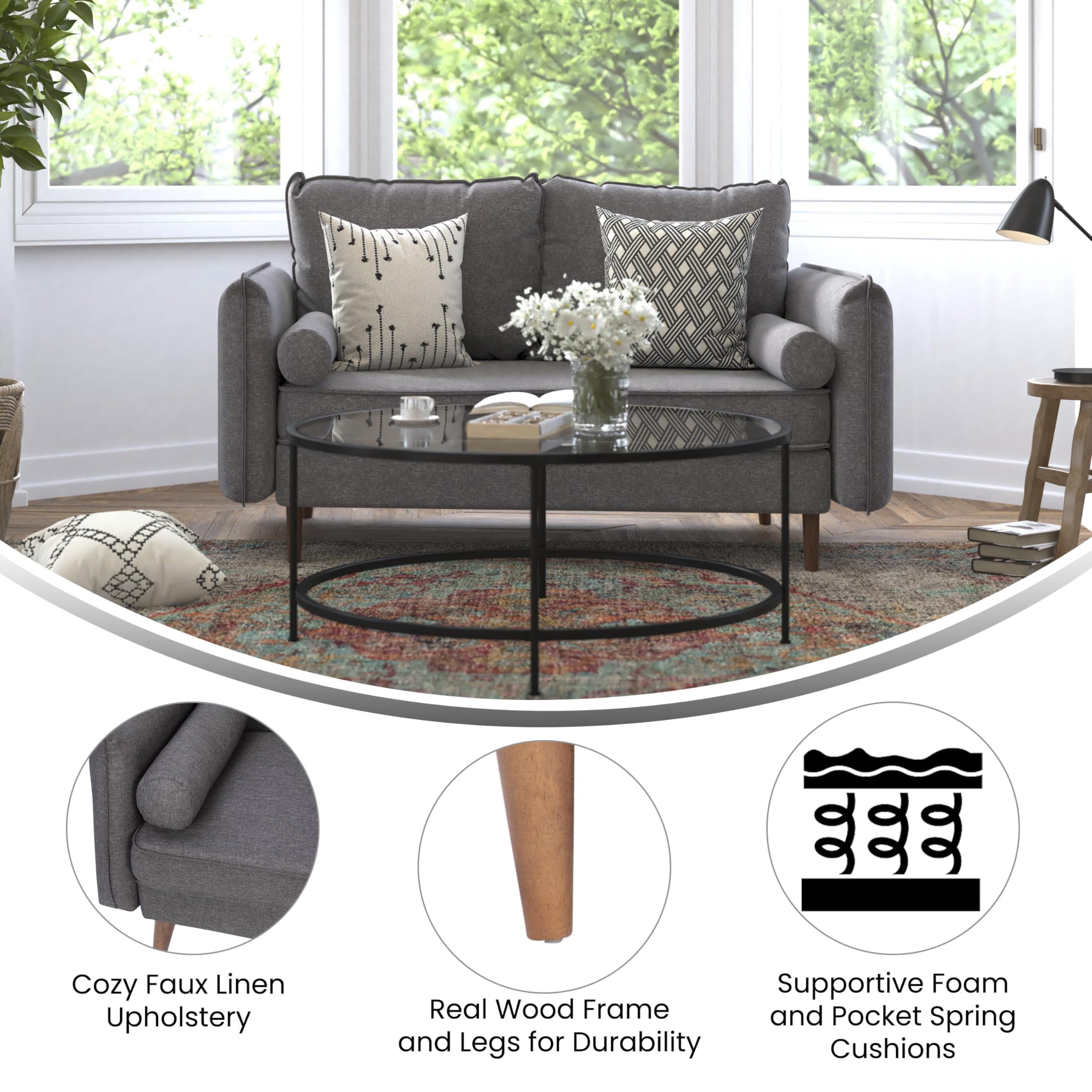 Flash Furniture Evie Mid-Century Modern Loveseat - Stone Gray Faux Linen Fabric Upholstery - Real Wood Frame And Legs
