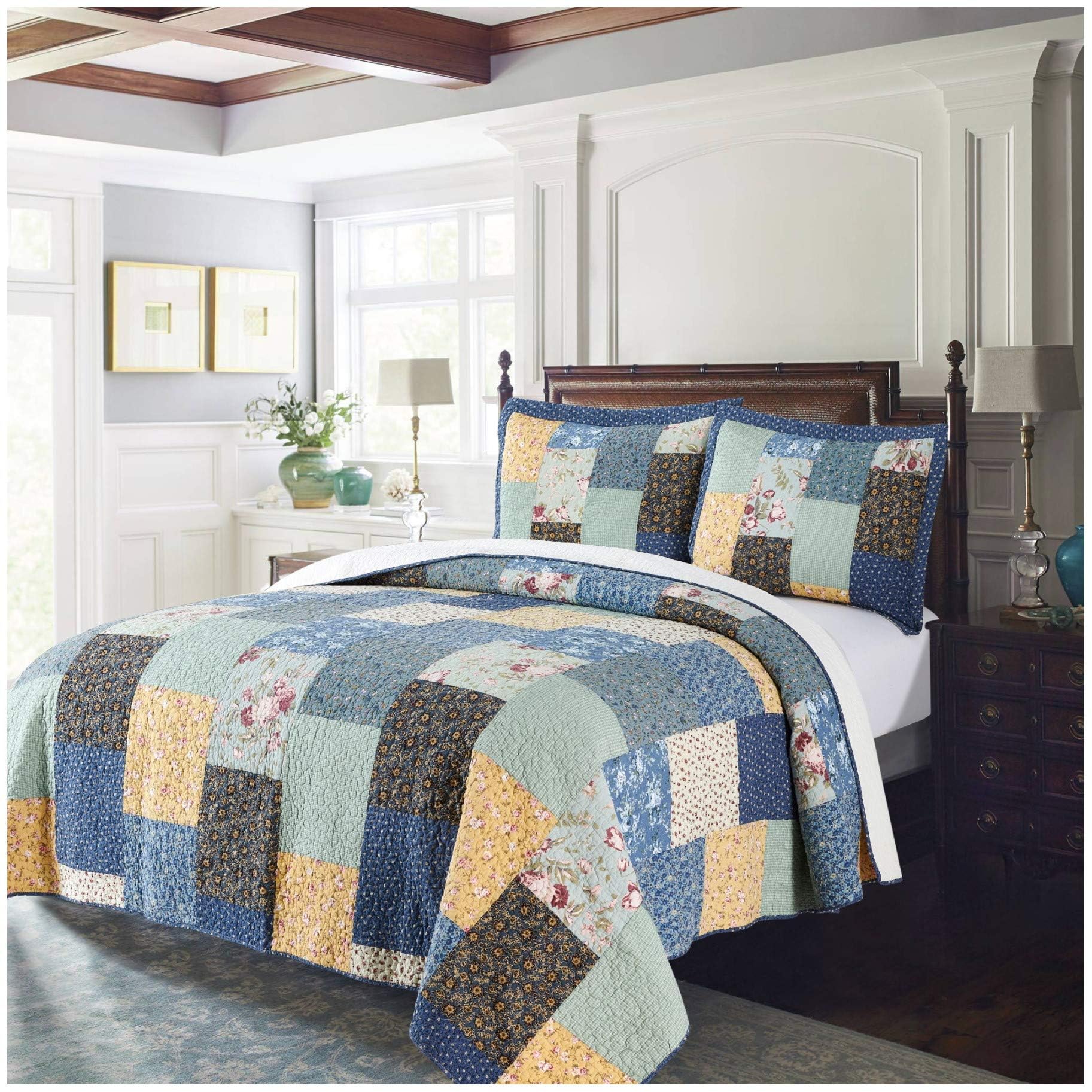 Kasentex Authentic 100% Cotton Easy-Clean Contemporary Multi-Print Quilt, Embroidery Square Patch Design, Full/Queen 90X96   , P