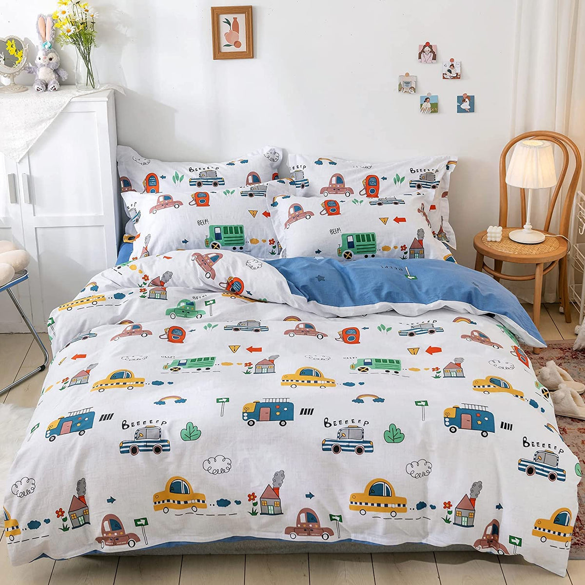 Kids Car Duvet Cover Set Queen, 100% Cotton Cars Bus Print Bedding Set For Boys Girls, 3 Pieces Soft Breathable Reversible Comfo