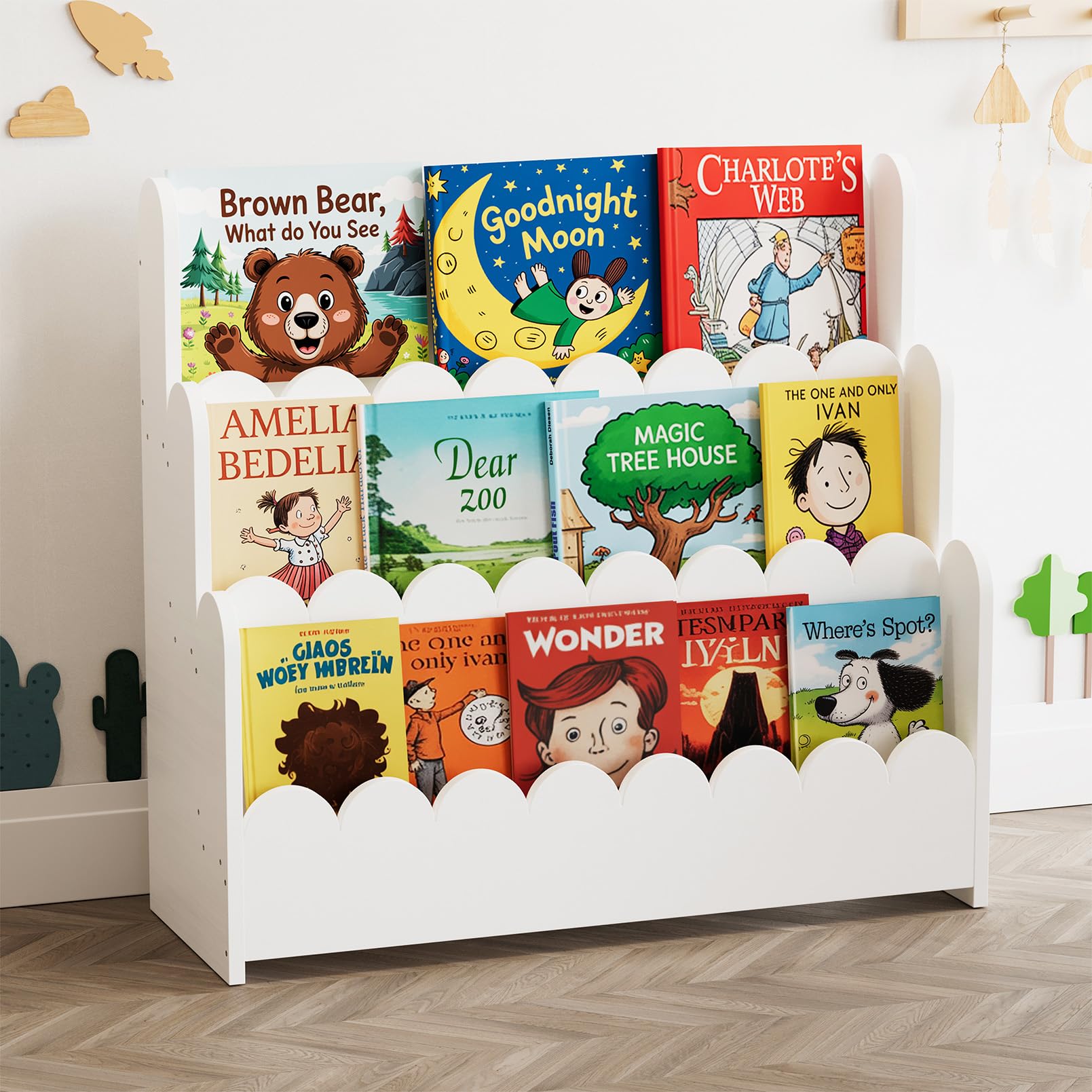 SpaceAid 3-Tier Scalloped Bookshelf, Montessori Bookcase for Toddlers, Wooden Book Shelf Organizer Display Furniture for Kids Ro