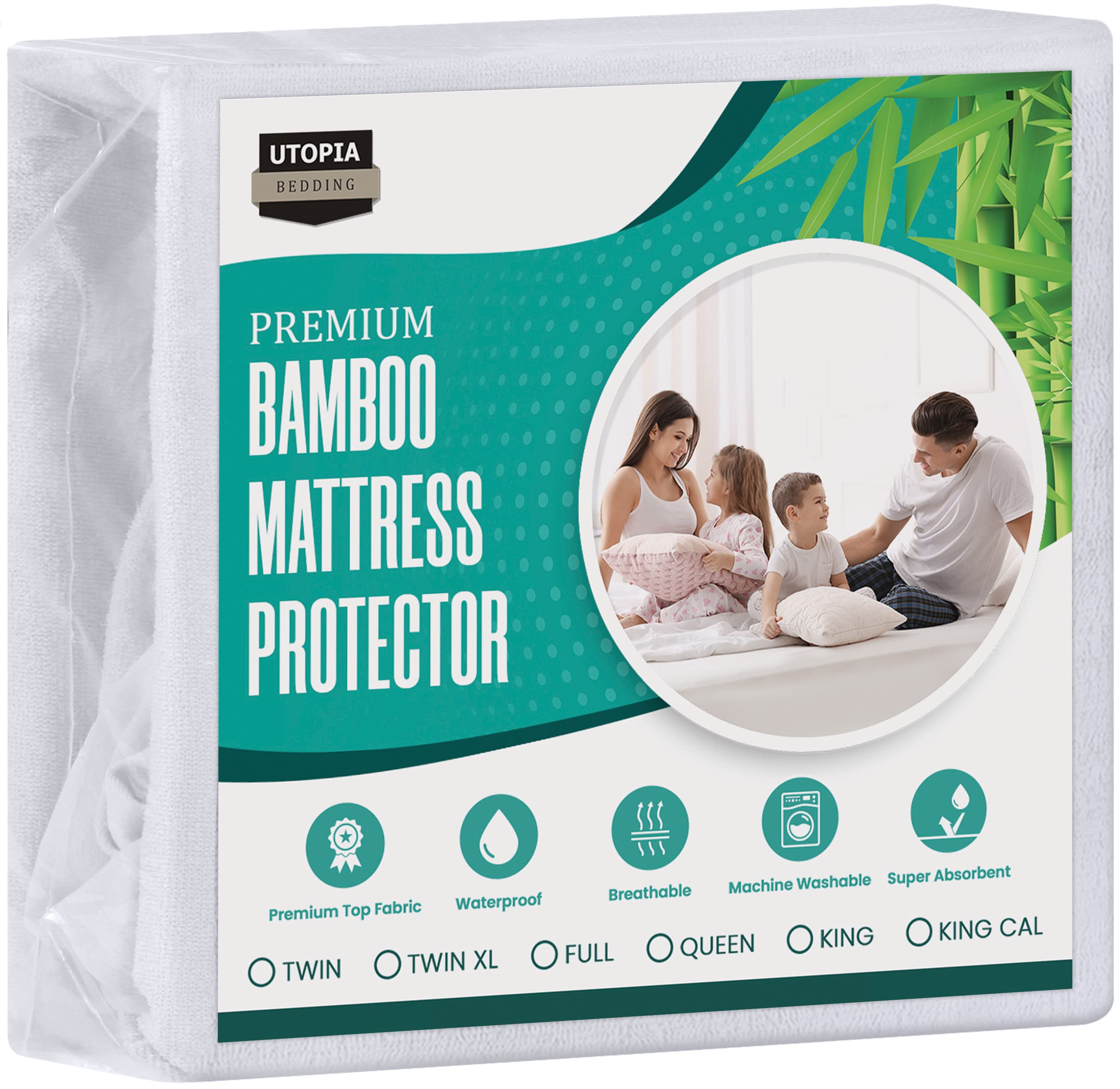 Utopia Bedding Waterproof Bamboo Mattress Protector (Queen) - Stretches Up To 17 Inches Deep - 5 Sided Mattress Cover - Soft & B