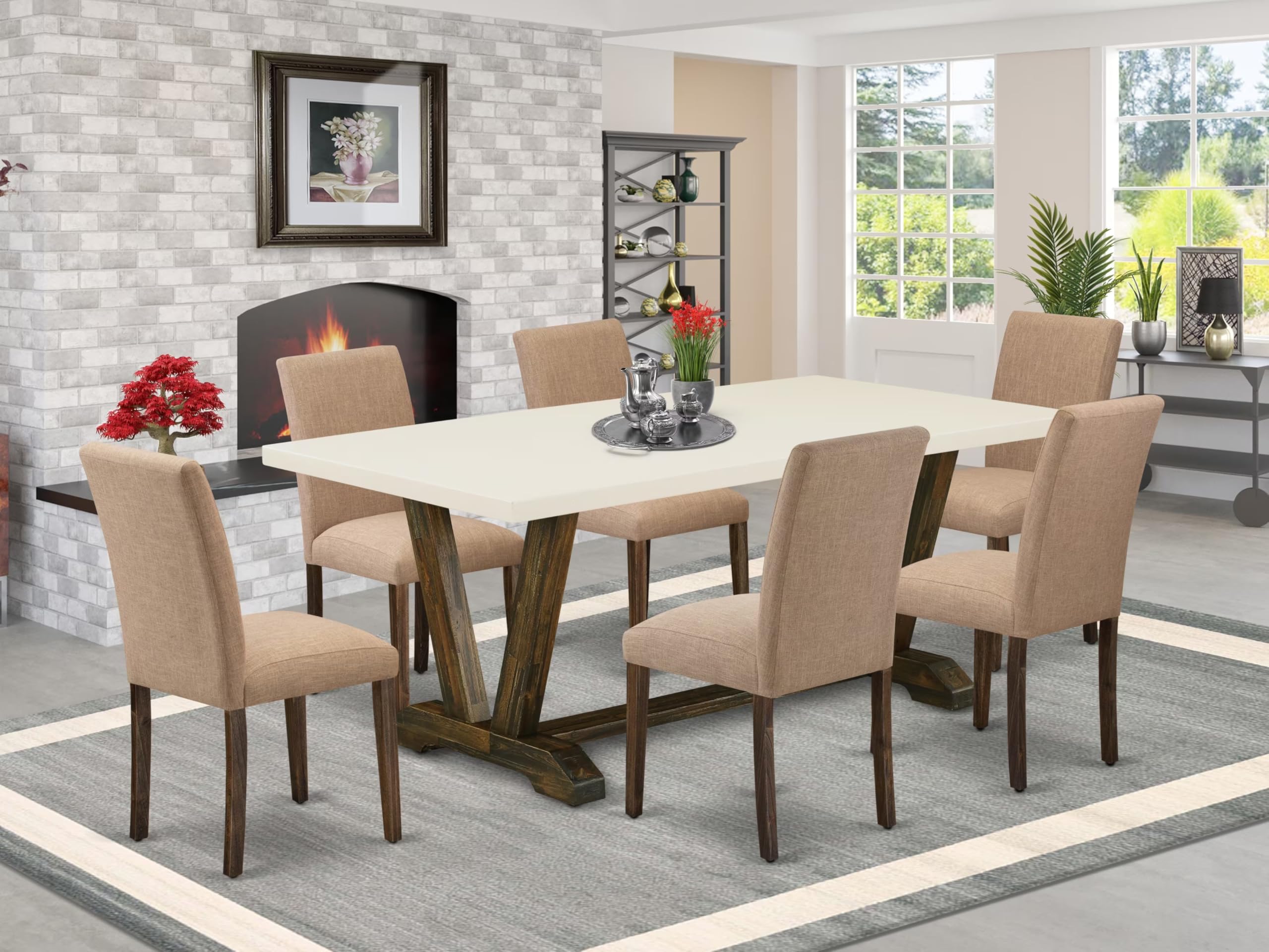 East West Furniture V727Ab747-7 7 Piece Modern Dining Table Set Consist Of A Rectangle Wooden Table With V-Legs And 6 Light Sable Linen Fabric Parson Dining Chairs, 40X72 Inch, Multi-Color