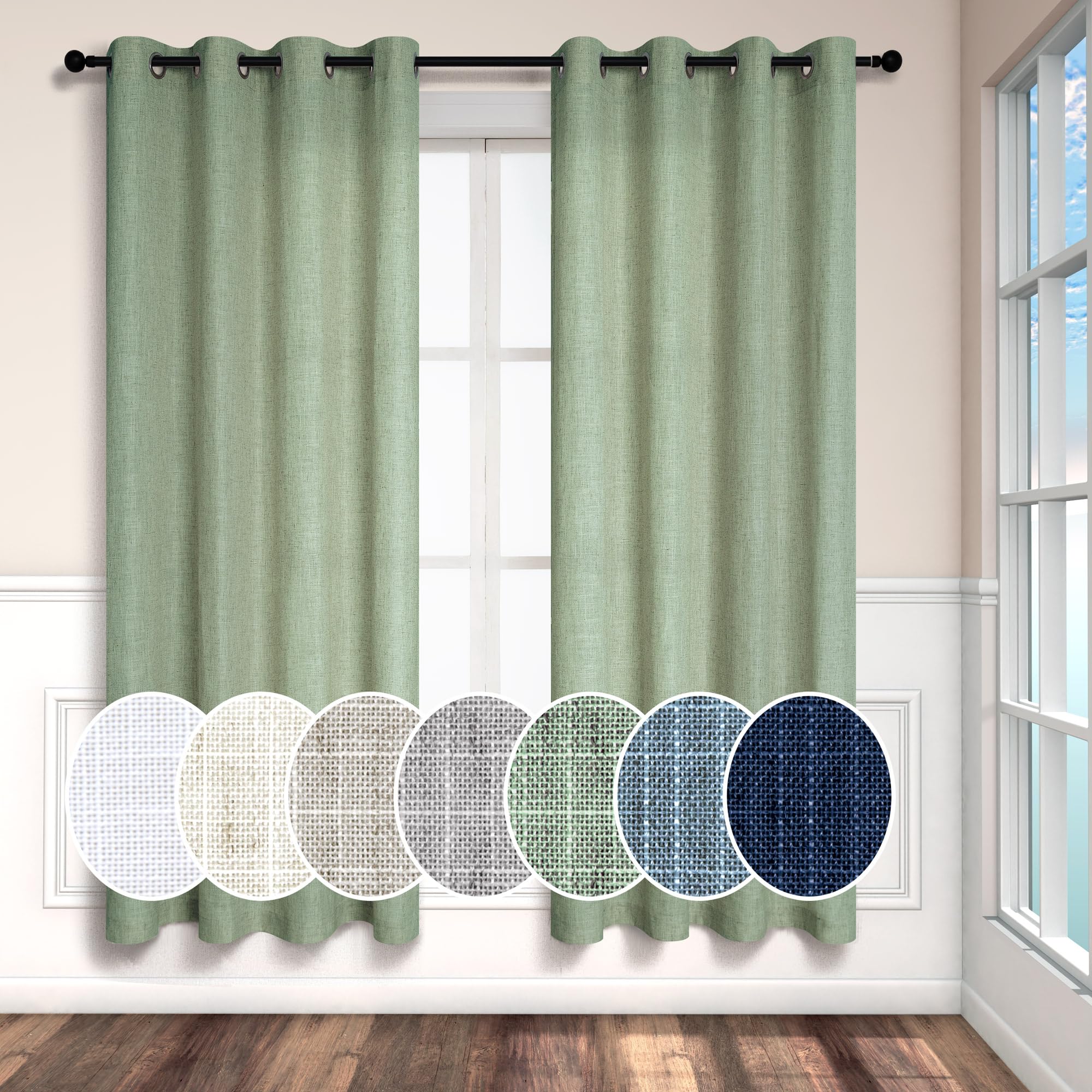 Light Sage Linen Curtains 72 Inch Length For Bedroom 2 Panels Grommet Light Filter Linen Textured Semi Sheer Opaque Sage Green C
