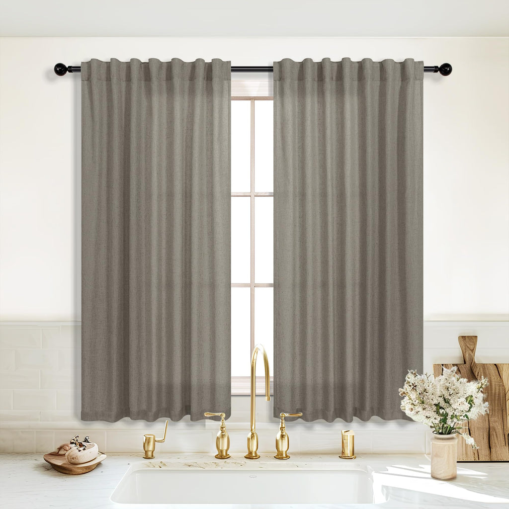 Koufall Taupe Back Tab Rod Pocket Linen Sheer Curtains 52X54 Inch Length