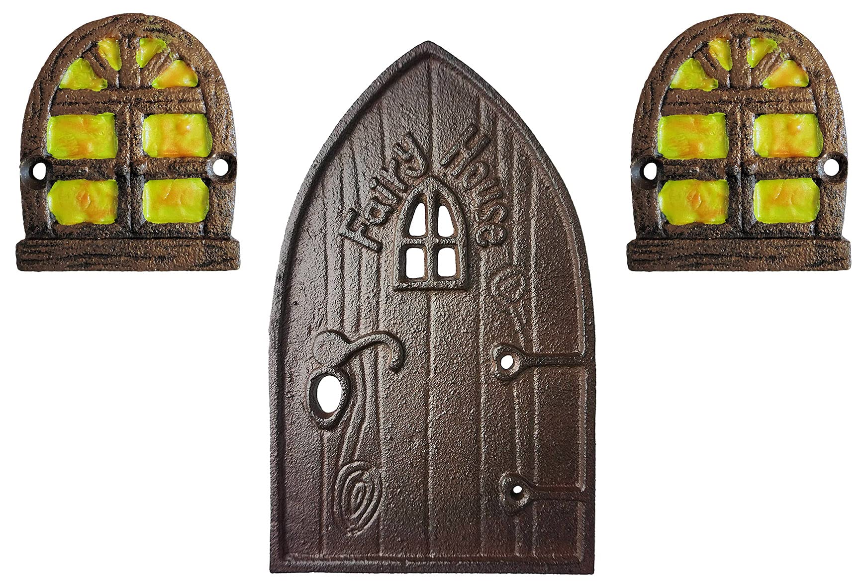 Lulu Decor 100% Cast Iron Miniature Fairy Door + 2 Windows With Glow In Dark Paint, Garden Ornament For Bottom Of Trees (5-Inch)