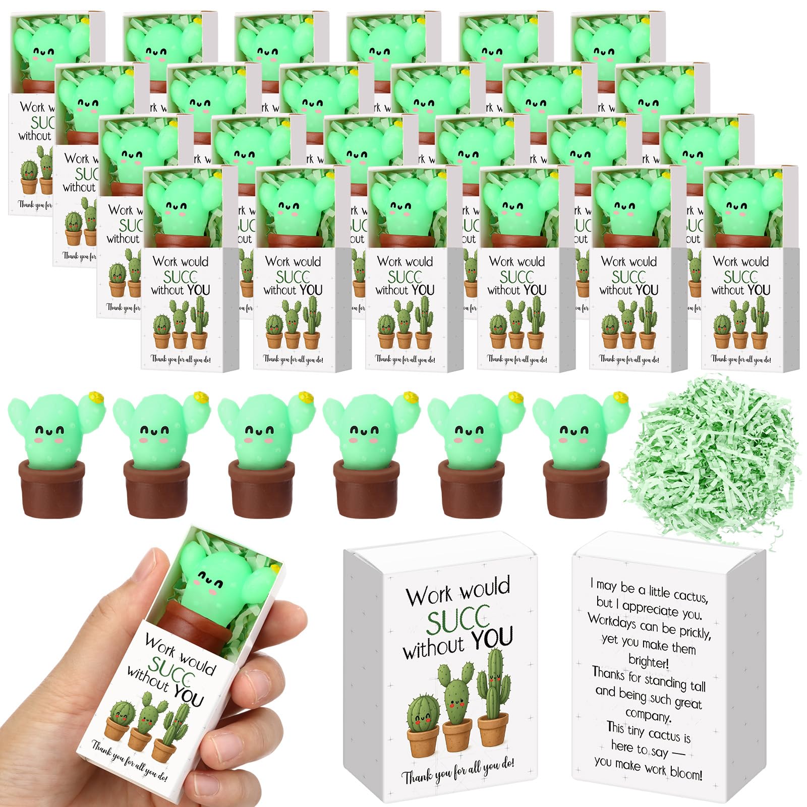 Wettarn 24 Sets Work Appreciation Gifts Cactus Stress Balls with Thank You Boxes Bulk Company Party Favors for Employee Coworker