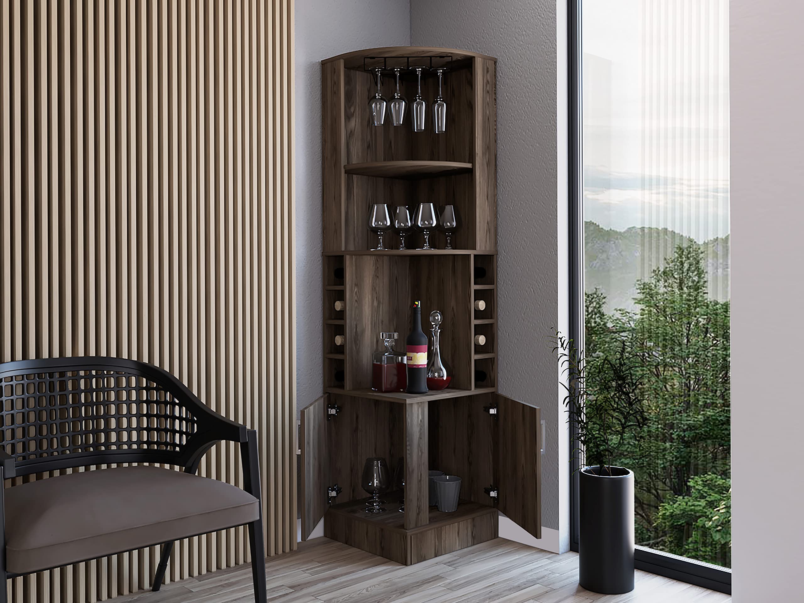 DEPOT E-SHOP Egina Corner Bar Cabinet with Two External Shelves, 71.1&quot; H, Dark Walnut, Living Room