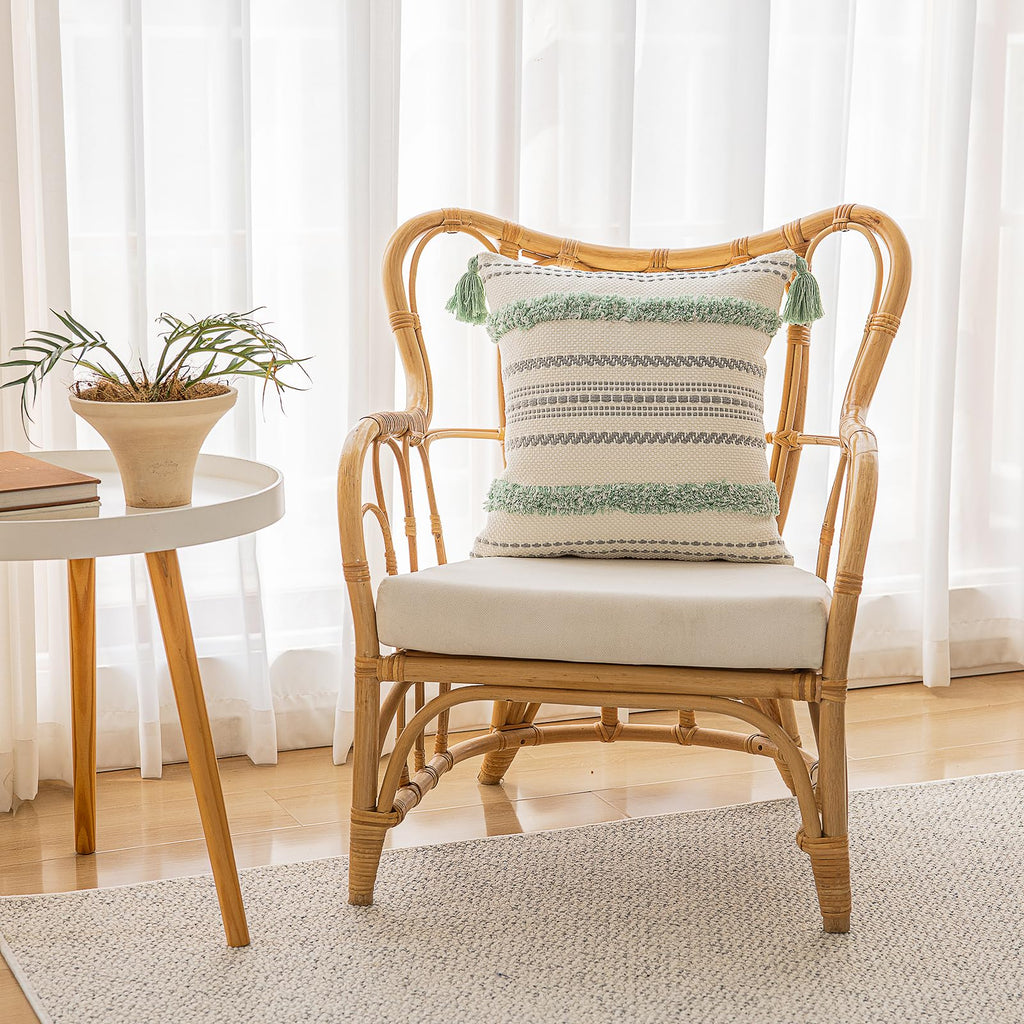 Buiovbey Boho Throw Pillow Covers 18X18 Set Of 2 Woven Tufted Farmhouse Pillows Cover With Tassels Textured Striped Cushion Case