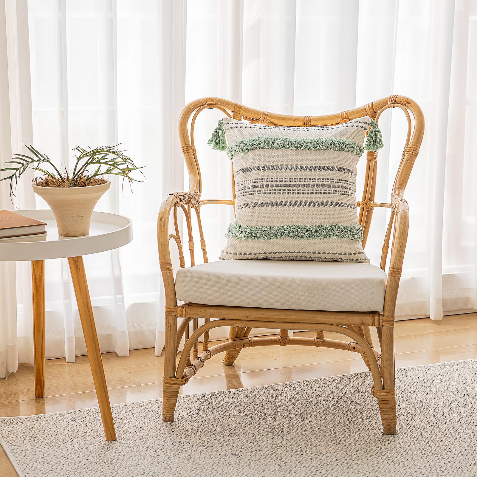 Buiovbey Boho Throw Pillow Covers 18X18 Set Of 2 Woven Tufted Farmhouse Pillows Cover With Tassels Textured Striped Cushion Case